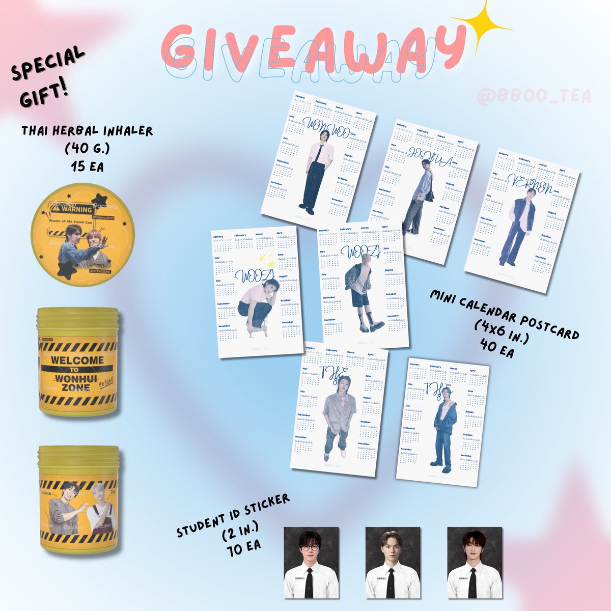 Bboo_Tea's tweet photo. ౨ৎ pls rt ౨ৎ

 ﾟ*･ 1 Item / person 🩵 

･✧ Thai Herbal Inhaler 🍃
➵ follow me + Only Wonhui shipper 

･✧ Mini Calendar Postcard 🔖
➵ 1 piece/person

･✧ Student Id Sticker ��
➵ 2 piece/person

🏟️ National Stadium
⏱️ TBA 

#SEVENTEEN_NEW_IN_BANGKOK
#กะรัตพระเวสสันดร https://t.co/3WoroEsdf3