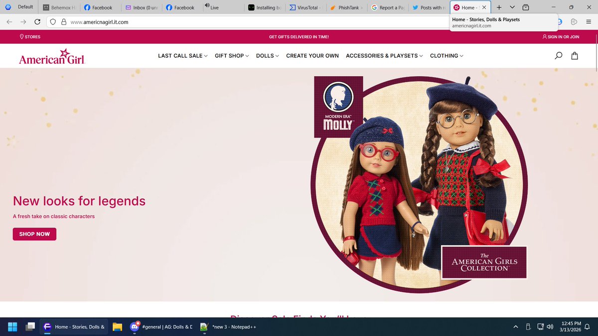 blakegripling's tweet photo. @American_Girl There's a fake store side masquerading as you guys. Care to take a look so you can take action against this? https://t.co/vbNJmQ51Hy