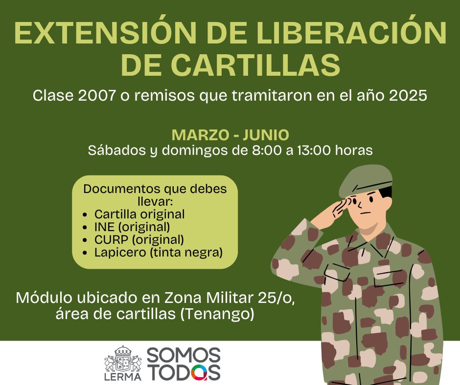 Si aún no has acudido a liberar tu Cartilla del Servicio Militar, esta es tu oportunidad 🇲🇽📄El plazo se ha extendido, por lo que todavía puedes acudir a realizar este importante trámite. No dejes pasar más tiempo y aprovecha esta oportunidad.
#LermaSomosTodos
#Noticia