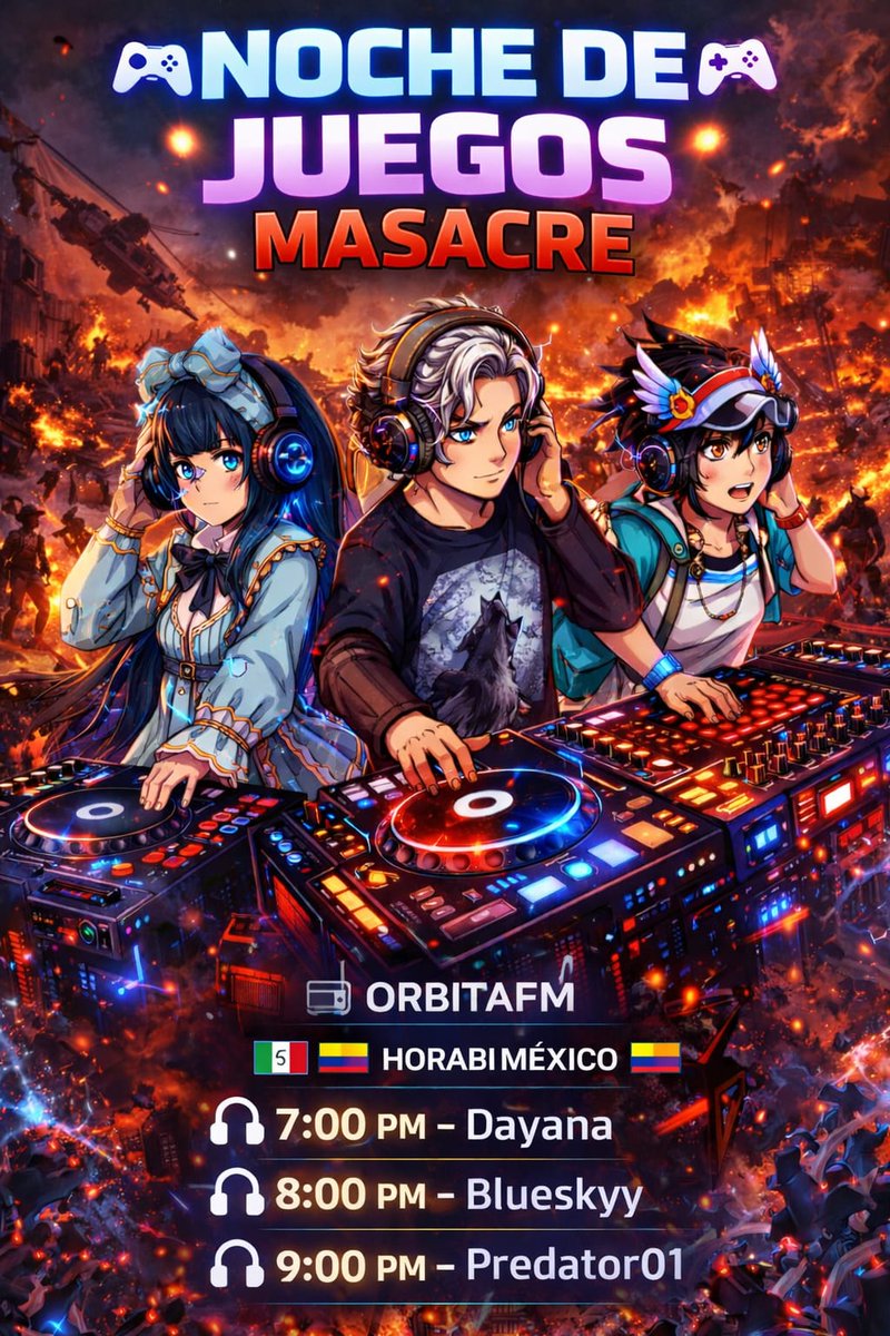 Orbitafm_hb's tweet photo. 🎮⚡ NOCHE DE JUEGOS – ORBITAFM⚡🎮

🎧 La noche gamer comienza ahora. 

🕖 7:00 PM 🇲🇽 / 8:00 PM 🇨🇴
🎧 Dayanis

🕗 8:00 PM 🇲🇽 / 9:00 PM 🇨🇴
🎧 Blueskyy

🕘 9:00 PM 🇲🇽 / 10:00 PM 🇨🇴
🎧 Predator01

💥 Entra, juega y vive la experiencia en ORBITAFM https://t.co/j00a8s9rVu