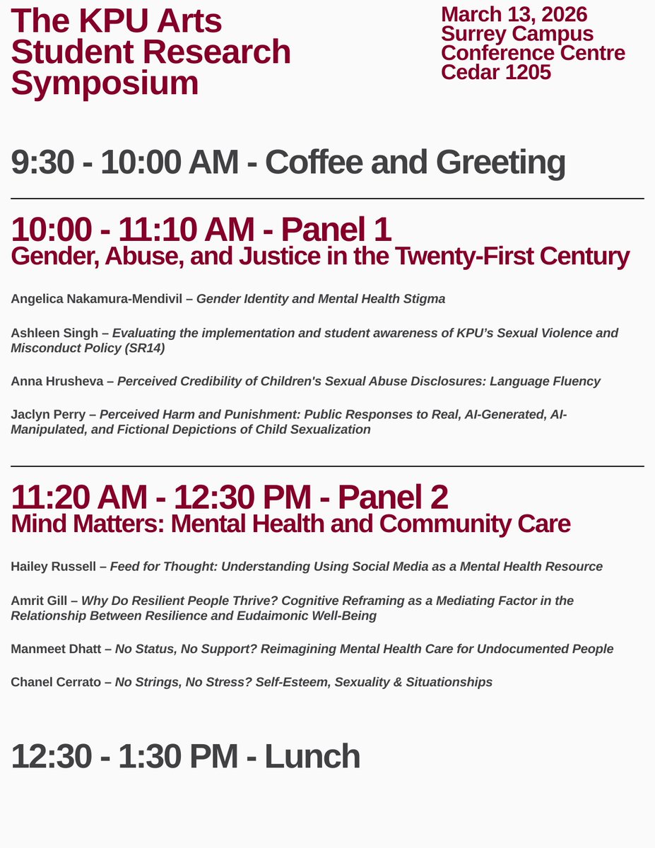 kpupsych's tweet photo. KPU Faculty of Arts Student Research Symposium

Date: Friday, March 13, 2026
Time: 10:00 am – 5:00 pm 
Location: KPU Surrey, Cedar Conference Centre
*Open to the public

Focus: Showcasing student research, creative works, and academic presentations from Faculty of Arts https://t.co/gswiFZEh1I