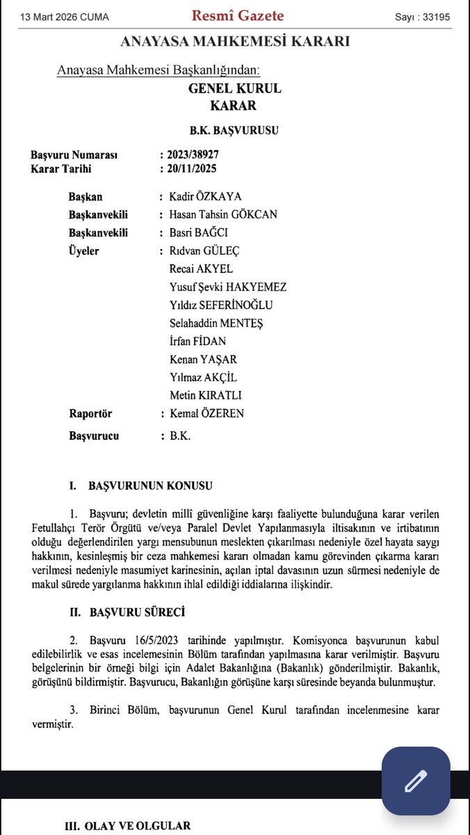 headup0106's tweet photo. Anayasa Mahkemesinden "tanık" ifadesi ile "irtibat/iltisak" gerekçesi ile yapılan KHK ihraçlarına yönelik çok önemli ihlal kararı.
Danıştay 5. Daire kararı bozuldu.
Karar, 13.03.2026 günü (bugün) RG yayımlandı, oybirliği ile alındı.

#KHKyıKimÇözecek

https://t.co/bsgBcVHXxg https://t.co/5oc5k5ZSzS