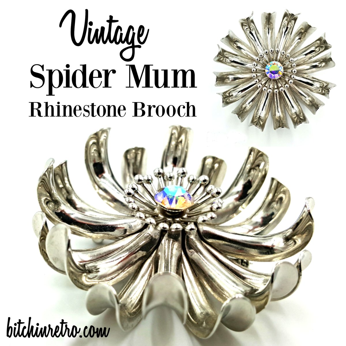 RetroCEO's tweet image. #Vintage spider mum #floral brooch with #petals that arch upwards towards an aurora borealis rhinestone. Perfect for #homecomings, where spider #mum #corsages are common. Have your #florist wire this into the center of a real mum for an awesome twist. 

bitchinretro.com/products/vinta…