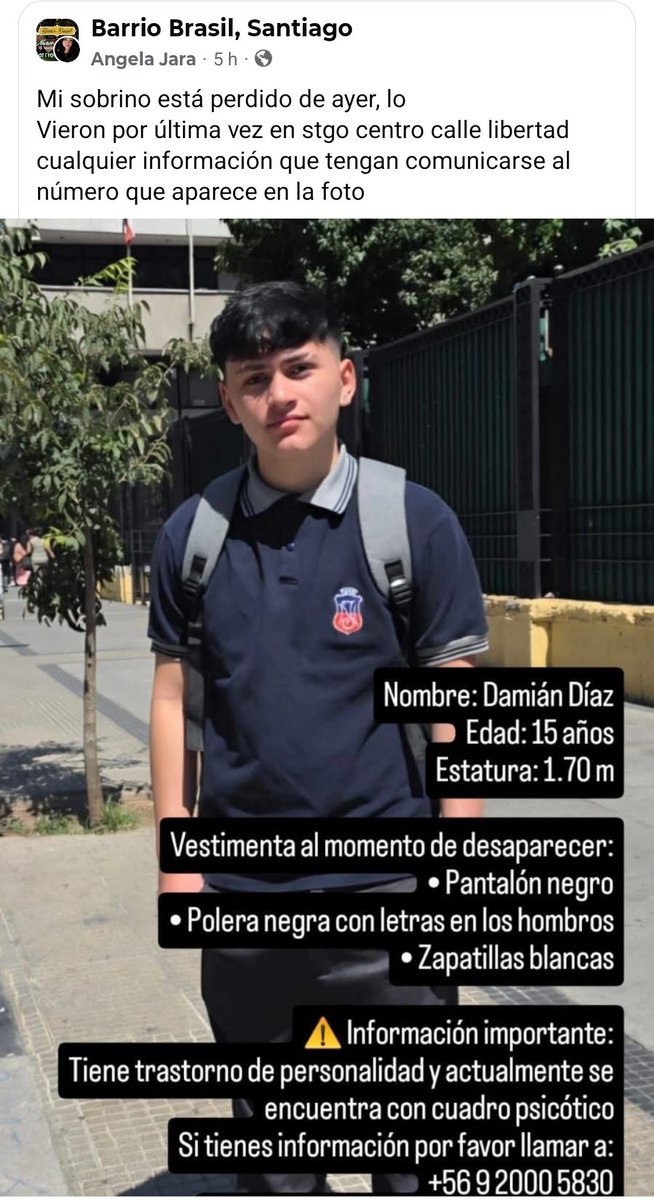 <a href="/Personaschile/">Personas Extraviadas 🇨🇱#LeyExtraviados</a>  niño perdido desde ayer, por favor si pueden difundir.
#chile #personasextraviadas #santiagocentro #kast #jueves12demarzo