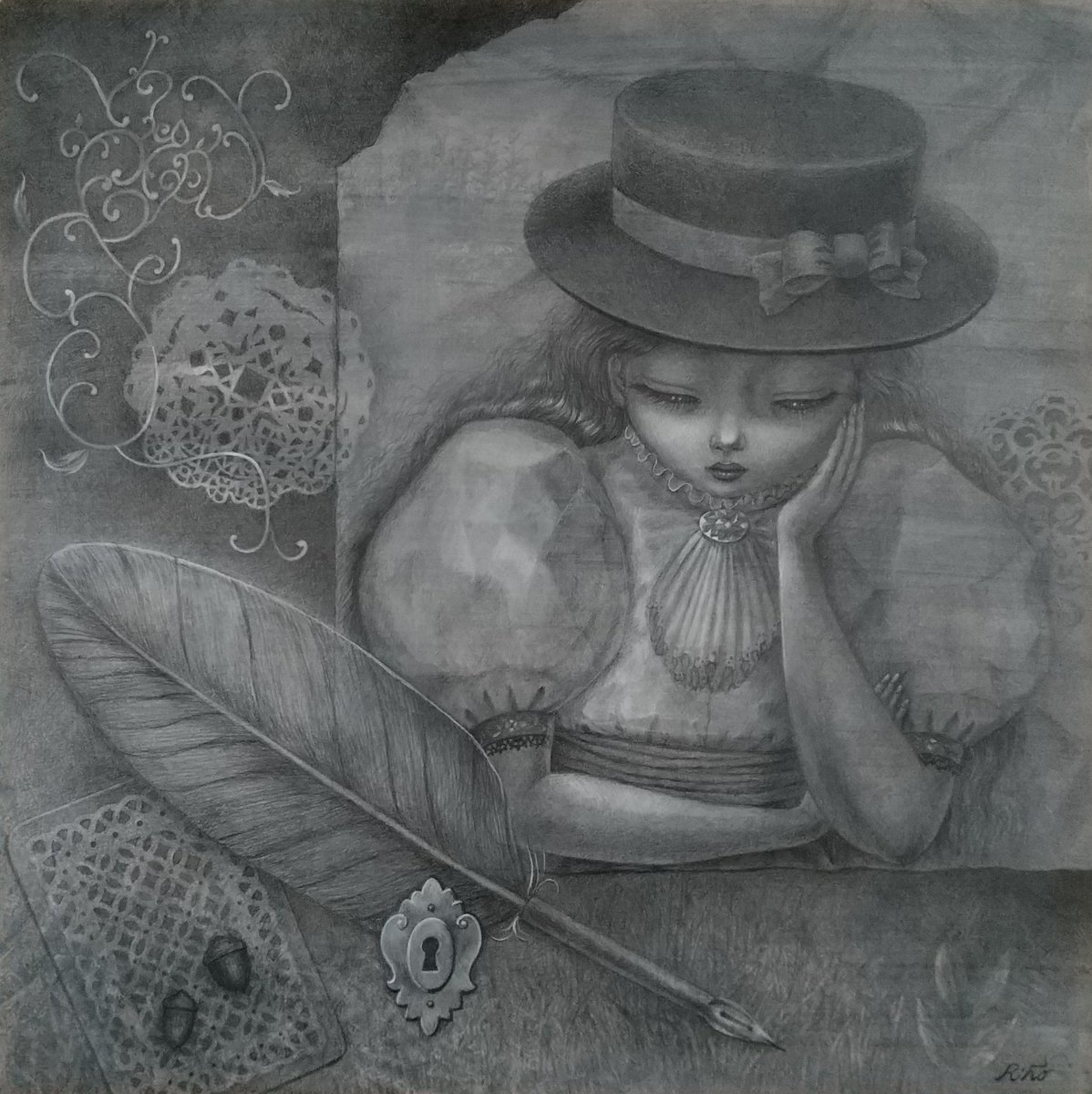 salon de SERAPHIM「アリス展」出品作品
「物語の記憶」 364mm×364mm 　
鉛筆、アクリル絵具、樹脂絵具