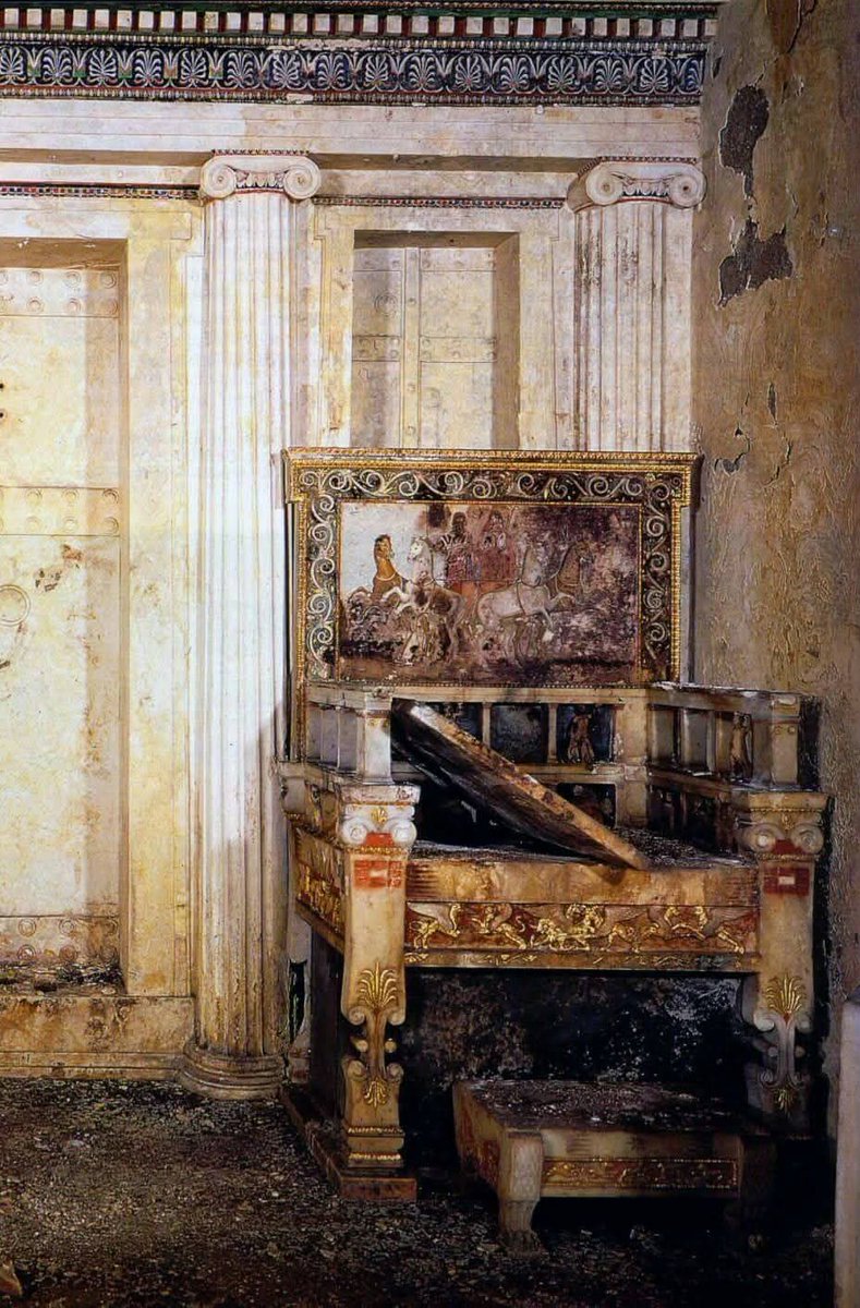 Unearthed from the volcanic ruins of Pompeii in southern Italy, this ornate bed dates to the 1st century AD during the Roman Imperial period, shortly before the catastrophic eruption of Mount Vesuvius in 79 AD. The structure combines carved wood, decorative metal fittings, and