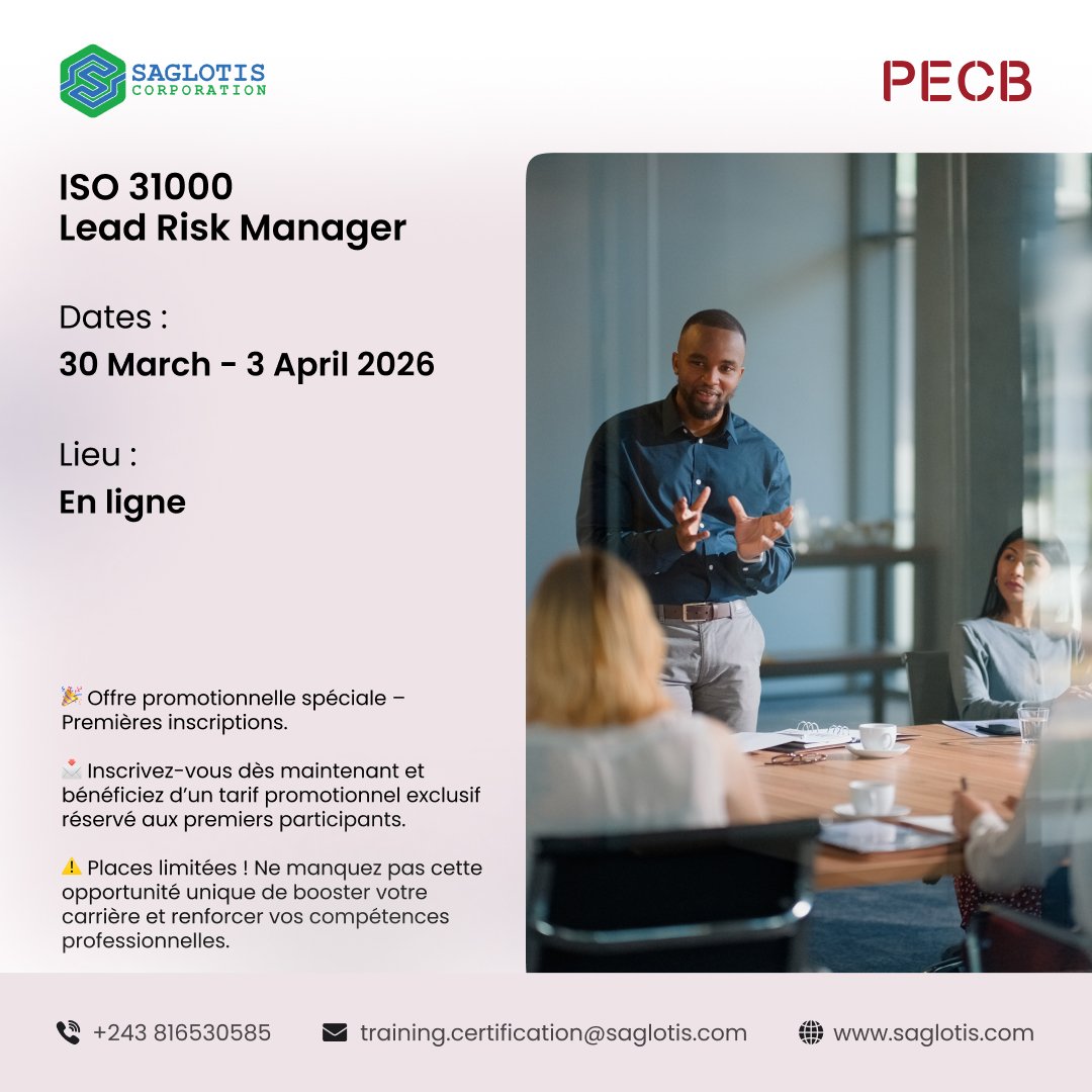 🚀 Préparez votre certification internationale ISO en 2026 avec SAGLOTIS CORPORATION !

📅 Sessions programmées :
 🔹 ISO 31000 Lead Risk Manager (30 mars – 3 avril 2026)
 🔹 ISO 9001 Lead Implementer (25 – 28 avril 2026)

💰 Tarif promotionnel pour les premiers inscrits.

🔗