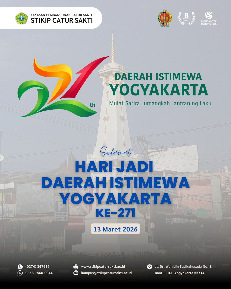 STIKIP_CS_OFC's tweet photo. Selamat Hari Jadi Daerah Istimewa Yogyakarta ke-271
.
.
.
#infoSTIKIPCaturSakti #STIKIPCaturSakti https://t.co/OEs88EC09M