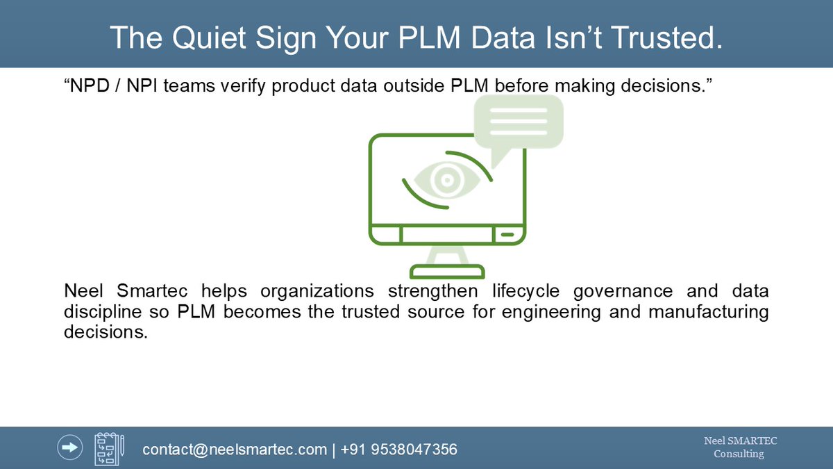 A quiet PLM warning sign:
Teams verify product data outside the system before making decisions.
Trust in lifecycle data is built through governance and discipline. #PLM #Manufacturing #NPD #NPI