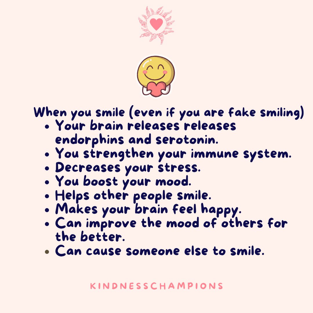 KindnessChamps's tweet photo. "Let us always meet each other with a smile, for the smile is the beginning of love." Mother Teresa

Hey smiling people🥰

When you #smile (even fake smile) your brain and body experience many benefits🌟 

Smiling is contagious, causing others to smile😃

Thanks #BCBSMichigan😊 https://t.co/450bVP37ka