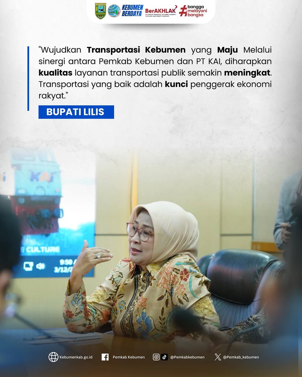 pemkab_kebumen's tweet photo. Pemkab Kebumen terus mendorong peningkatan layanan transportasi. Bupati Lilis Nuryani melakukan audiensi dengan PT KAI membahas rencana pengembangan KA Prameks hingga Kebumen serta peningkatan keselamatan perlintasan. #pemkabkebumen #kebumenberdaya #ptkai #sinergi #prameks https://t.co/XLAcobyrEy