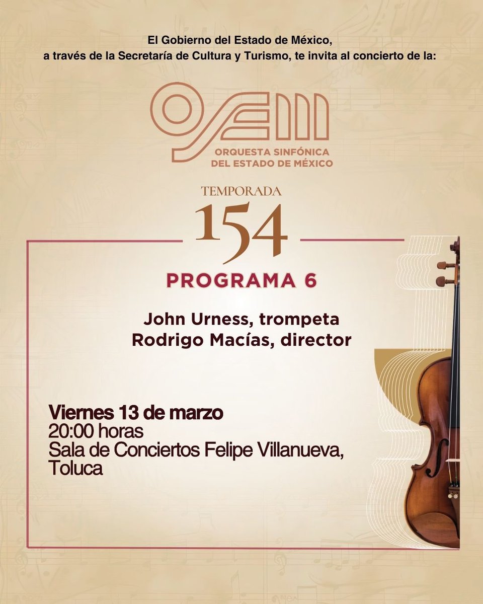 OSEMoficial's tweet photo. En el #Programa6 interpretarémos la Obertura “Oberon”, de von Weber, el estreno mundial del Concierto para trompeta, de Stensgaard, y como gran final, la Sinfonía No. 4 de Brahms.
John Urness, trompetista
Rodrigo Macías, director
#La154
#ElPoderDeServir https://t.co/I6cdMnngIu
