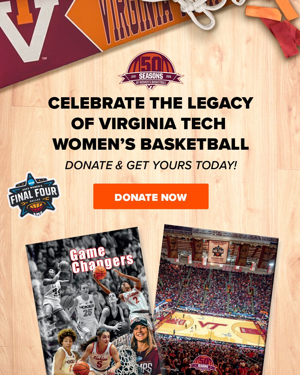 TechSideline's tweet photo. Game Changers: 50 Seasons of Women’s Basketball at Virginia Tech - just a few days left to get your copy!
 
@TheHokieWay offers fans a chance to secure an item every @HokiesWBB fan should have: a copy of Game Changers, a new book celebrating 50 years of Hokie women’s basketball. And you’ll be supporting Virginia Tech NIL in the process!

Learn more and secure your copy: https://t.co/AOPWOP2yNn