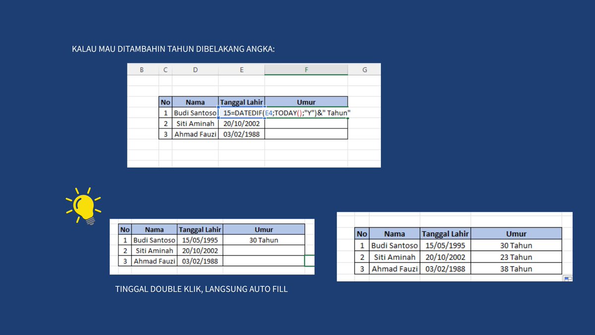 americanona02's tweet photo. siapa yang masih bingung, cara untuk menghitung umur di excel? caranya gampang banget cuma pake =datedif digabung dengan NOW dan muncul deh umur di excel, sat set dan tanpa ngetik satu satu hihi https://t.co/KwK26an9as