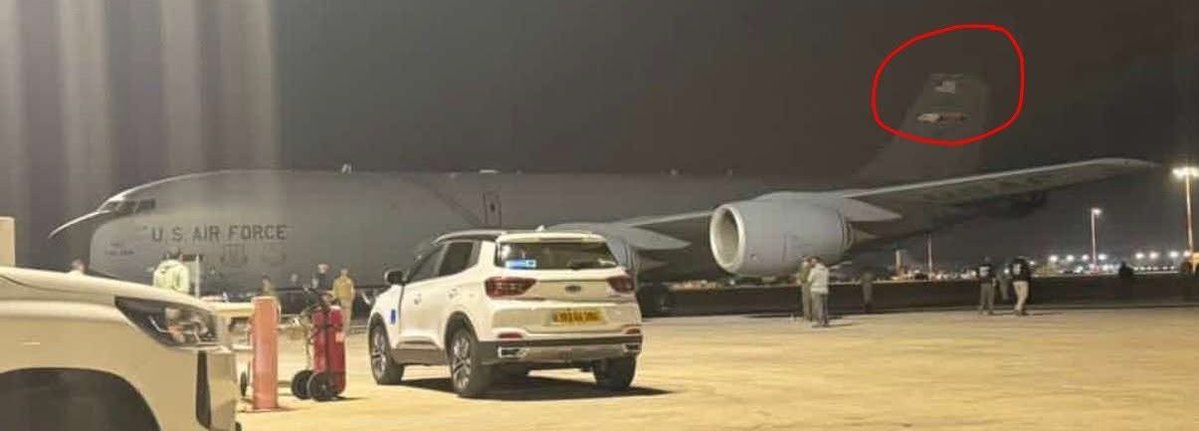 sentdefender's tweet image. Photos of a U.S. Air Force KC-135 Stratotanker, at what appears to be Ben Gurion International Airport in Israel (note the car’s license plate), with visible damage to the tail have emerged following the crash of a KC-135 due to a mid-air collision with another Stratotanker