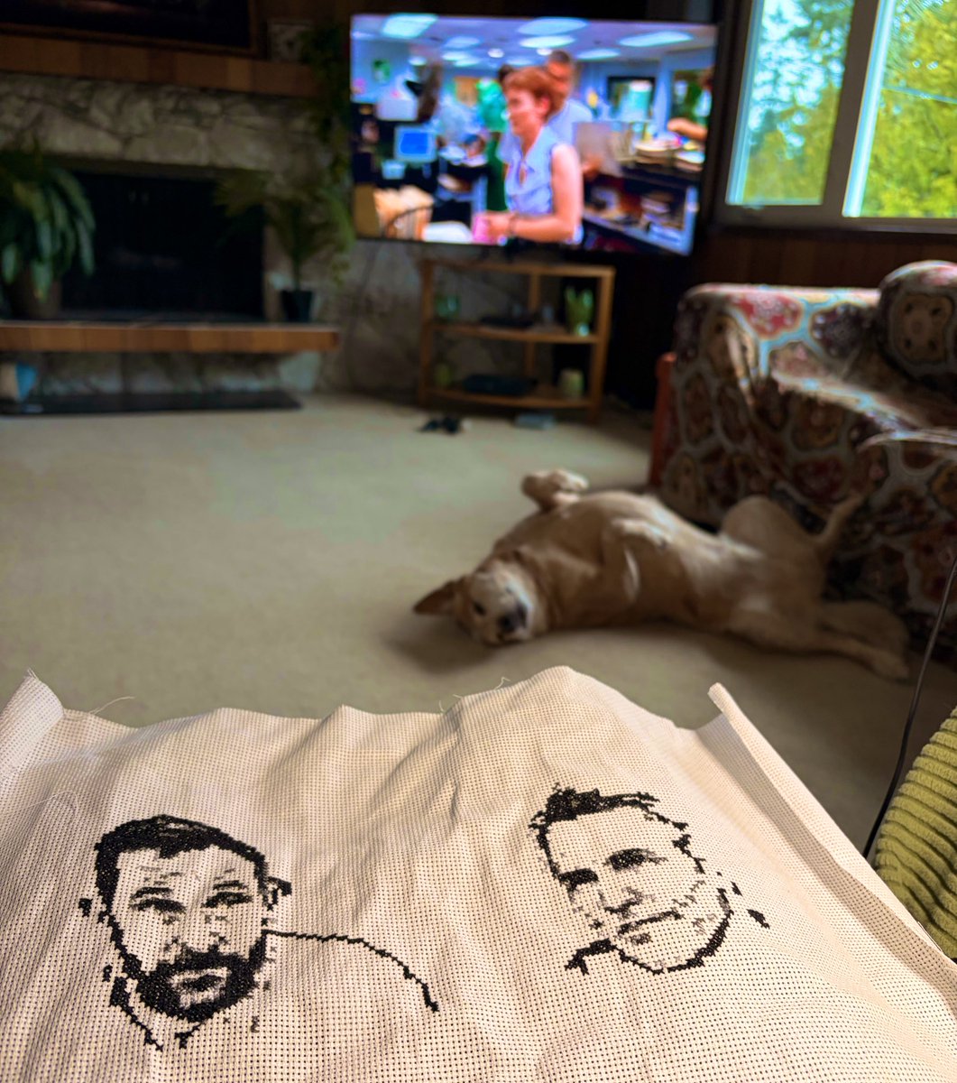 VanIslandSara's tweet photo. Watching ER and working on my cross stitch. Frank is striking a pose. #ThePitt #ER #RedHeeler #XStitch https://t.co/HcgdbmtNrU