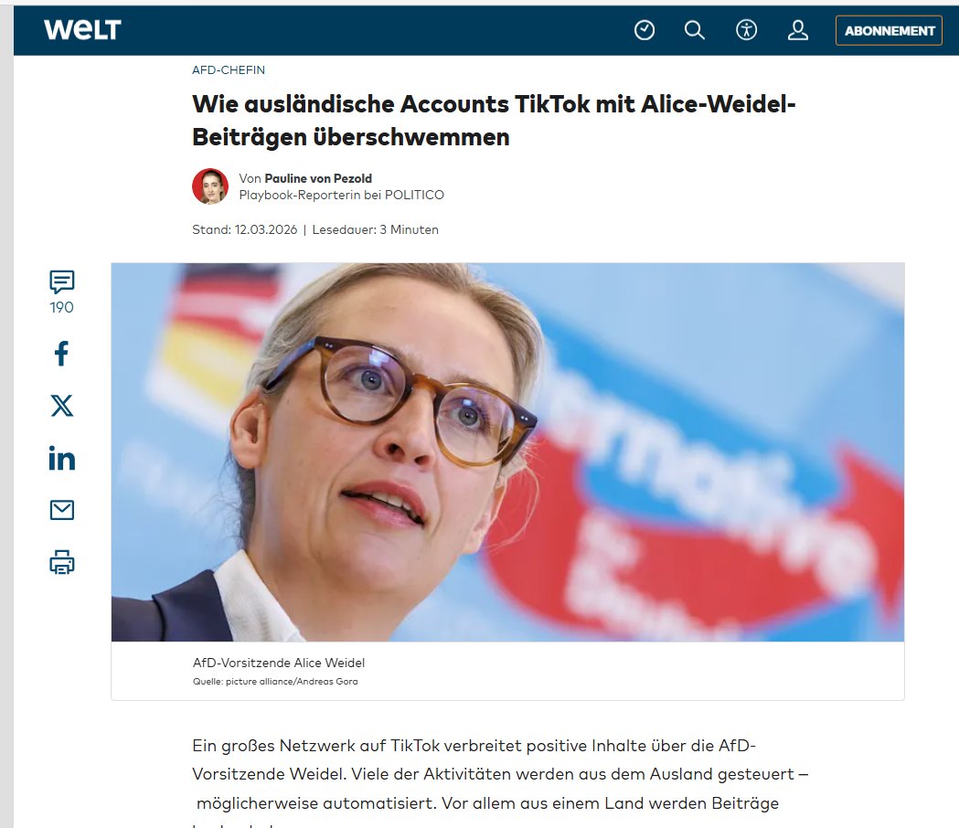 Netzwerk aus 1203 Accounts hat auf Tik Tok systematisch Videos und Beiträge über Weidel verbreiteten. Mehr als 3 Mio. Follower, mehr als 30 Mio. Likes.

57 % der analysierten Posts wurden aus Nigeria hochgeladen mit ähnlichen Nutzernamen, identischen Profilbilder oder Biografien.
