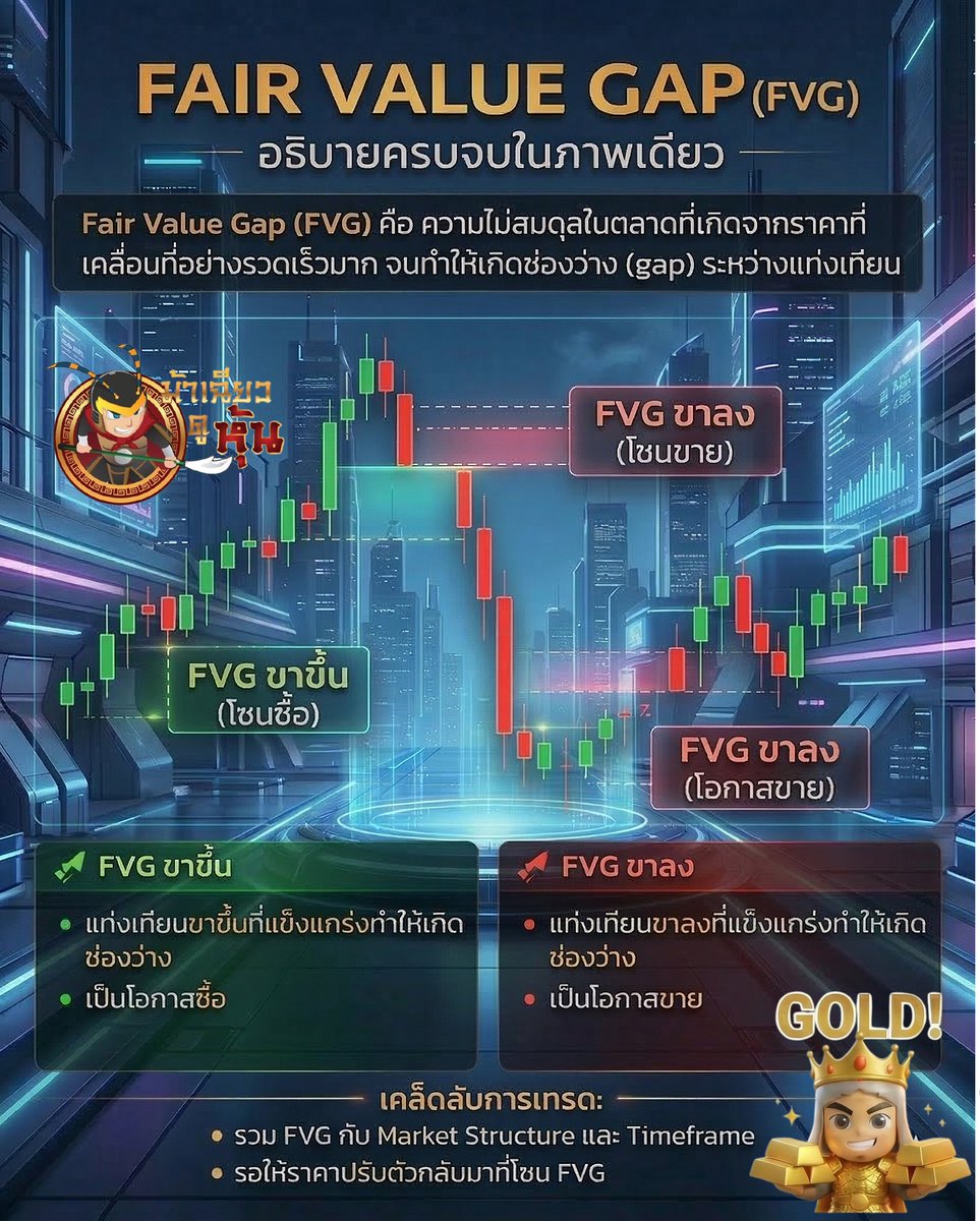 machao_stock's tweet photo. 🔥 ข่าวเป็นแค่ฉากหน้า แต่ XAUUSD วิ่งตามเกมล่า Stop Loss
ความจริงแล้วทอง มันขึ้นลงเพราะ “เกมล่าเงิน” ที่ทิ้งร่องรอยไว้บนกราฟ
คนส่วนใหญ่เวลาเทรดทอง #XAUUSD
 ชอบคิดแบบง่าย ๆ ว่า
ข่าวดี = ทองขึ้น
ข่าวร้าย = ทองลง
แต่ของจริงในตลาด
 มันไม่ได้ใสสะอาดแบบนั้น
เพราะสิ่งที่คุณเห็นบนหน้ากราฟ
 ไม่ใช่แค่ราคา
มันคือ สนามรบของสภาพคล่อง
 มันคือ กับดักของมวลชน
 และมันคือ ร่องรอยของแรงซื้อแรงขายที่ไม่��มดุล
หนึ่งในร่องรอยที่สำคัญที่สุดก็คือ
FVG — Fair Value Gap
FVG ใน XAUUSD คืออะไร?
FVG คือ ช่องว่างของความไม่สมดุล
 ที่เกิดตอนราคาทองวิ่งแรงเกินไป
แรงจนอีกฝั่งรับไม่ทัน
 แรงจนราคา “กระชาก” ผ่านบางช่วง
 แรงจนตลาดทิ้งโซนที่ยังเคลียร์ order ไม่จบไว้ข้างหลัง
พูดให้ชัดแบบไม่อ้อมค้อม:
FVG คือรอยแผลของราคาทอง
 ที่เกิดจากการพุ่งหรือทุบแบบรุนแรง
และจำไว้ให้ดี
ตรงที่มีแผล
 มักมีเงินกองอยู่
���นส่วนใหญ่แพ้ XAUUSD เพราะอะไร?
ไม่ใช่เพราะไม่ขยัน
 ไม่ใช่เพราะไม่มีอินดิเคเตอร์
 ไม่ใช่เพราะข่าวช้า
แต่เพราะไปซื้อ “หลังจากคนอื่นซื้อไปแล้ว”
 หรือไปขาย “หลังจากคนอื่นขายกันหมดแล้ว”
พูดอีกแบบคือ
 ชอบเข้าในจุดที่ เสียเปรียบ
ตลาดทองไม่ค่อยให้รางวัลคนที่ไล่ราคา
 แต่มันให้รางวัลคนที่รอให้ราคากลับมาในจุดที่มีนัยสำคัญ
และหนึ่งในจุดนั้นก็คือ FVG
FVG ขาขึ้นใน XAUUSD = โซนที่มืออาชีพรอ “ซื้อย่อ”
เวลาทองพุ่งแรง
 มีแท่งเขียวยาว ๆ ดันขึ้นแบบไม่ปรานี
นั่นไม่ใช่แค่แรงซื้อธรรมดา
 แต่มันคือสัญญาณว่า
 ตลาดเพิ่งสร้าง bullish imbalance
เมื่อราคากลับลงมาแตะโซน FVG ขาขึ้น
 ถ้าโครงสร้างใหญ่ยังเป็นขาขึ้น
ตรงนั้นแหละ
 คือพื้นที่ที่คนอ่านเกมเป็นกำลังเฝ้า
ไม่ใช่เพราะมโนว่าจะเด้ง
 แต่เพราะตรงนั้นคือจุดที่ ฝั่งซื้อเคยคุมเกมจริง
FVG ขาลงใน XAUUSD = โซนที่มืออาชีพรอ “ขายเด้ง”
เหมือนกัน
เวลาทองโดนทุบแรง
 เกิดแท่งแดงยาว ๆ ไหลลงแบบไร้เมตตา
นั่นคือช่วงที่ตลาดสร้าง bearish imbalance
ถ้าราคาเด้งกลับขึ้นมาแตะ FVG ขาลง
 และโครงสร้างหลักยังเป็นขาลง
ตรงนั้นไม่ใช่จุดให้ฝัน
 แต่มันคือจุดที่ฝั่งขายอาจกลับมาทำงานอีกครั้ง
มวลชนชอบคิดว่า
“เด้งแล้ว = กลับตัว”
แต่มืออาชีพรู้ว่า
 หลายครั้งมั��แค่ เด้งเพื่อเติม FVG แล้วลงต่อ
ถ้าอ่าน FVG อย่างเ��ียว คุณยังไม่พอ
เพราะทองไม่ได้วิ่งด้วย FVG อย่างเดียว
มันวิ่งด้วย Liquidity ด้วย
นี่คือจุดที่คนส่วนใหญ่ไม่เข้าใจ
ตลาดทอง #XAUUSD ไม่ได้เคลื่อนที่แบบสุ่ม
 มันชอบวิ่งไปหา “ที่ที่มีเงินกองอยู่”
เงินกองนั้นอยู่ไหน?
มันอยู่ที่ Liquidity
เช่น
จุด high เดิม
จุด low เดิม
equal      highs
equal      lows
swing      high / swing low
จุดที่คนวาง stop loss กันเยอะ
พูดตรง ๆ คือ
ตลาดชอบไปกวาด stop
 ก่อนค่อยไปทางจริง
เพราะฉะนั้นเวลาคุณเห็นราค��แทงขึ้นแรง ๆ
 อย่าเพิ่งรีบเชื่อว่ามันจะขึ้นต่อ
ถามก่อนว่า
มันขึ้นไปกวาด liquidity      หรือยัง?
หลังจากกวาดแล้ว มันไปชน FVG      ขาลงหรือเปล่า?
โครงสร้างใหญ่ยังลงอยู่ไหม?
ถ้าคำตอบคือใช่
 สิ่งที่มวลชนเรียกว่า “เบรกเอาต์”
 อาจเป็นแค่ กับดักดูดคนเข้าซื้อ
FVG + Liquidity = จุดที่กราฟเริ่มพูดความจริง
FVG อย่างเดียวบอกว่า
 ตรงนี้เคยมี imbalance
Liquidity บอกว่า
 ตรงนี้มีเหยื่อ มี stop มี order รออยู่
แต่พอเอาสอ���อย่างมาซ้อนกัน
 คุณจะเริ่มเห็น “เจตนา” ของตลาด
ตัวอย่างเช่น
สถานการณ์ขาลง
ราคาขึ้นไปกวาด high เดิม
มวลชนเริ่มเชื่อว่าทองจะไปต่อ
แต่เหนือหัวมี Bearish      FVG รออยู่
พอเข้าโซนแล้วเกิด rejection
โครงสร้างย่อยเริ่มเสีย
สุดท้ายร่วงลงต่อ
นี่แหละคือเกมจริง
ตลาดไม่ได้ขึ้นเพราะอยากให้คุณรวย
 มันขึ้นเพื่อ กวาด stop / ดูด buyer / เติม imbalance
 แล้วค่อยทุบ
สถานการณ์ขาขึ้น
ราคาลงไปกวาด low เดิม
คนเริ่มกลัว คิดว่าจะพัง
แต่ข้างล่าง��ี Bullish      FVG
พอแตะโซนแล้วเริ่มมีแรงรับ
โครงสร้างย่อยกลับมาเป็นบวก
ทองเด้งต่อ
นี่คือสิ่งที่มวลชนมองไม่เห็น
แล้ว Market Structure มาเกี่ยวอะไร?
เกี่ยวเต็ม ๆ
เพราะ FVG ที่ดีที่สุด
 ไม่ใช่ FVG ที่สวยที่สุด
แต่คือ FVG ที่อยู่ ถูกฝั่งกับโครงสร้าง
จำประโยคนี้ให้ดี
FVG บอกโซน
Liquidity บอกเหยื่อ
Market Structure บอกทิศจริง
ถ้าโครงสร้างเป็น Higher High, Higher Low
Bullish FVG จะมีน้ำหนักมาก
ถ้าโครงสร้างเป็น Lower High, Lower Low
Bearish FVG จะมีน้ำหนักมาก
แต่ถ้าคุณเอา Bullish FVG ไปฝืนซื้อในตลาดที่โครงสร้างใหญ่กำลังพัง
 สุดท้ายมันก็แค่รับมีด
สูตรอ่าน XAUUSD แบบคนไม่อยากเป็นเหยื่อ
เวลามองกราฟทอง
 อย่ามองแค่ “ขึ้นหรือลง”
ให้ถาม 4 คำถามนี้ก่อน
1) โครงสร้างใหญ่เป็นอะไร?
ขึ้น ลง หรือแค่เด้งในขาลง
2) ตลาดเพิ่งไปกวาด liquidity ตรงไหน?
กวาด high หรือกวาด low
3) มี FVG รออยู่ตรงไหน?
ฝั่งบนหรือฝั่งล่าง
4) เมื่อราคากลับเข้าโซนแล้ว มี reaction จริงไหม?
มีแรงปฏิเสธไหม
 มี shift structure ย่อยไหม
 มีแท่งตอบสนองไหม
ถ้าสี่ข้อเริ่มเรียงกัน
 นั่นแหละคือจุดที่การเทรดเริ่มมีเหตุผล
ภาพลวงตาที่ทำให้คนเล่นทองเจ็บหนัก
ภาพลวงตาที่ 1: แท่งเขียวยาว = ต้องซื้อ
ไม่จริง
 แท่งเขียวยาวอาจเป็นแค่การวิ่งไปกวาด buy-side liquidity ก่อนชน Bearish FVG
ภาพลวงตาที่ 2: แท่งแดงยาว = ต้องขาย
ไม่จริง
 แท่งแดงยาวอาจเป็นแค่การไล่ล่า sell-side liquidity ก่อนเข้าหา Bullish FVG
ภาพลวงตาที่ 3: เด้งแรง = กลับตัว
ไม่จริง
 หลายครั้งมันแค่ retracement เข้า FVG
ภาพลวงตาที่ 4: ข่าวแรง = ทิศจริง
ไม่เสมอ
 ข่าวอ��จเป็นตัวเร่ง
 แต่ตลาดมักใช้ข่าวเป็นข้ออ้างในการกวาดสภาพคล่อง
คนที่รอดใน XAUUSD ไม่ใช่คนเดาเก่งที่สุด
แต่คือคนที่รอเป็นที่สุด
ตลาดทองชอบหลอกคนรีบ
 ชอบลากคนโลภ
 ชอบ��่าคนมั่นใจเกินไป
ดังนั้น FVG ที่แท้จริง
 ไม่ใช่แค่เครื่องมือหาจุดเข้า
แต่มันคือเครื่องมือฝึก “วินัย”
ไม่ไล่ราคา
ไม่ซื้อเพราะกลัวตกรถ
ไม่ขายเพราะกลัวพัง
รอให้ตลาดกลับมาหาโซนที่ได้เปรียบ
รอให้ liquidity ถูกกวาด
รอให้โครงสร้างเข้าข้างเรา
นี่คือความต่างระหว่าง
 นักล่า กับ เหยื่อ
ตัวอย่างแนวคิดใช้งานจริงกับทอง
ฝั่ง Buy
โครงสร้างใหญ่ยังขึ้น
ราคาลงไป sweep low
ลงมาแตะ Bullish FVG
เกิด rejection
โครงสร้างย่อยเริ่มกลับเป็นบวก
ตรงนี้ถึงค่อยเริ่มมอง buy
ฝั่ง Sell
โครงสร้างใหญ่ยังลง
ราคาขึ้นไป sweep high
ขึ้นมาแตะ Bearish FVG
เกิด rejection
โครงสร้างย่อยเริ่มกลับเป็นลบ
ตรงนี้ถึงค่อยเริ่มมอง sell
ไม่ใช่เห็นแท่งแรงแล้วกระโดดใส่ทันที
สรุปให้โคตรชัด
XAUUSD ไม่ได้เคลื่อนที่มั่ว ๆ
 มันเคลื่อนที่เป็นลำดับ
Liquidity ก่อน
 FVG ต่อ
 Structure ยืนยัน
หรือพูดแบบสายเพจให้จำง่าย ๆ:
ตลาดกวาดเหยื่อก่อน
กล���บมาเติมแผลทีหลัง
แล้วค่อยไปทางจริง
คนที่ไม่รู้เรื่องนี้
 จะไล่ซื้อบนยอด
 ไล่ขายใต้เหว
 แล้วโทษข่าว โทษรายใหญ่ โทษโชค
แต่คนที่เข้าใจ FVG + Liquidity + Market Structure
 จะเริ่มเห็น��่า
สิ่งที่ดูเหมือนความมั่ว
 จริง ๆ มันคือเกมที่มีลำดับ
ฝากไว้แบบคม ๆ
FVG คือรอยแผล
 Liquidity คือกองศพของ stop loss
 Market Structure คือคำพิพากษาว่าใครคุมสนาม
ถ้าคุณยังดูทองแค่ขึ้นหรือลง
 คุณกำลังดูแค่ผิวของสงคราม
แต่ถ้าคุณเริ่มอ่าน 3 อย่างนี้เป็น
 คุณจะเริ่มเห็น “คนวางกับดัก” อยู่หลังแท่งเทียน
ปิดท้ายแบบแชร์ได้
ทองไม่ได้ขึ้นเพราะข่าวดี
 ทองไม่ได้ลงเพราะข่าวร้าย
หลายครั้ง
 มันขึ้���เพื่อกวาดคนขาย
 แล้วลง
และหลายครั้ง
 มันลงเพื่อกวาดคนซื้อ
 แล้วขึ้น
คนที่อ่านแค่ข่าว จะวิ่งตามราคา
 แต่คนที่อ่าน FVG + Liquidity + Structure
 จะรออยู่ในจุดที่ตลาดเผลอทิ้งร่องรอยไว้
#XAUUSD #GOLD #XAGUSD #atlaskingmidas #CMEม้าเฉียว #oil