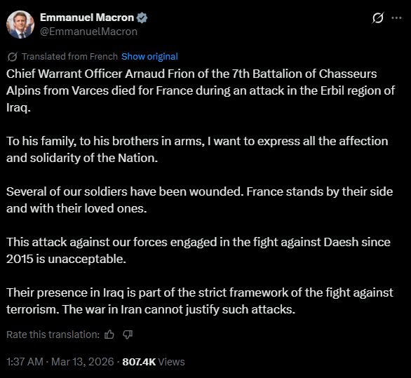 dailywarupdates's tweet photo. 🚨 Emmanuel Macron announces the death of a #French 🇫🇷 officer and the injury of several others following a drone attack in #Erbil.

#Irán #IranWar‌ #IraqWar https://t.co/SGwttYYFfB