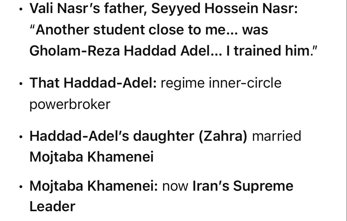 ClV3RF0X's tweet image. When this network lectures on  Iranians &amp;amp; smears the diaspora,remember:

It’s not “analysis.”
It’s the family-and-mentor pipeline talking.

@Vali_Nasr’s father, Seyyed Hossein Nasr:
“Another student close to me…was @HaddadAdel_ir…I trained him”
Hadad is @MKhamenei_ir’s F in Law