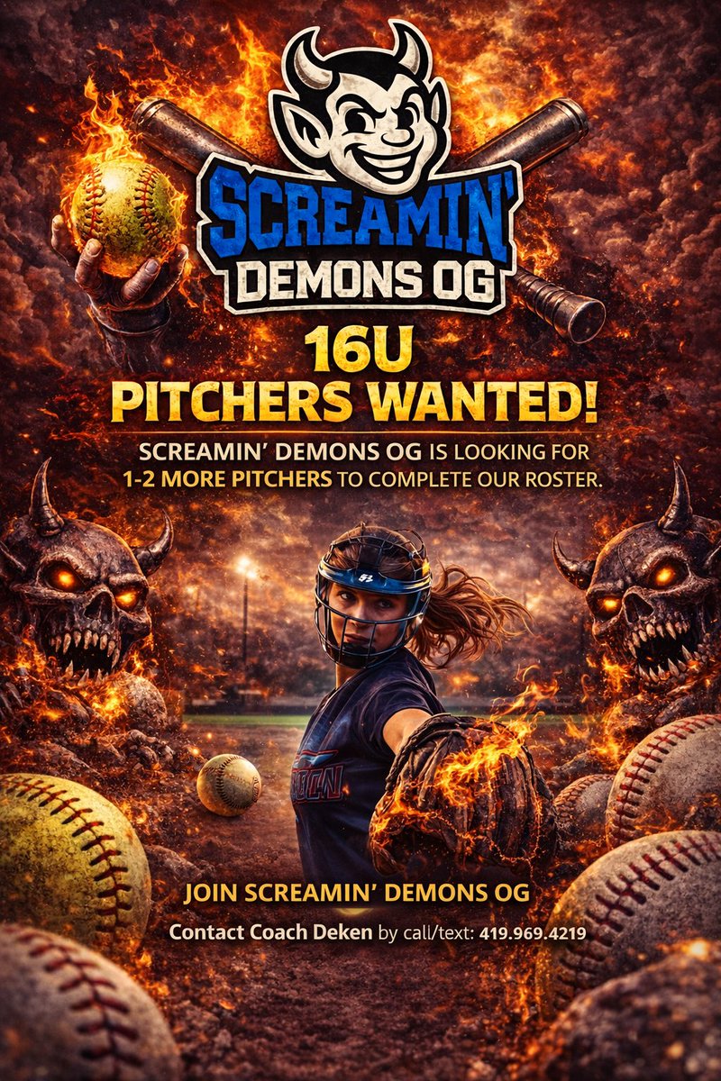 S_DemonsOG's tweet photo. 🥎 15U/16U PITCHERS WANTED

We are looking for 1–2 pitchers to complete our roster.

Ready to compete?

📞 Call/Text Coach Deken
419-969-4219

#Fastpitch #TravelSoftball #PitchersWanted #ScreaminDemons https://t.co/wZUQOZFyFU