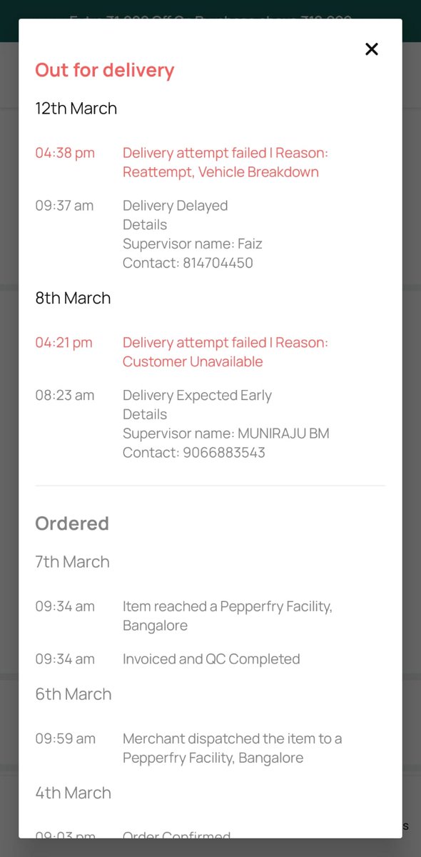 Tejas_Naik9's tweet photo. @Pepperfry - Why do you give false delivery dates and create history as if you guys have genuinely tried to deliver sincerely? With this how can you retain customers? The delivery partner never contacted and he is also unable to reach customer care is not having any solution. https://t.co/ymfB1OwIPY