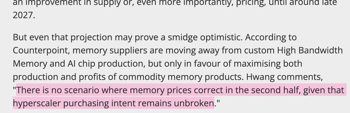 Memory Price Market Research from Counterpoint:

"There is no scenario where memory prices correct in the second half [of 2027], given that hyperscaler purchasing intent remains unbroken"

In regards to $SNDK, $MU, $EWY (Sk Hynix, Samsung), and other memory names.

They