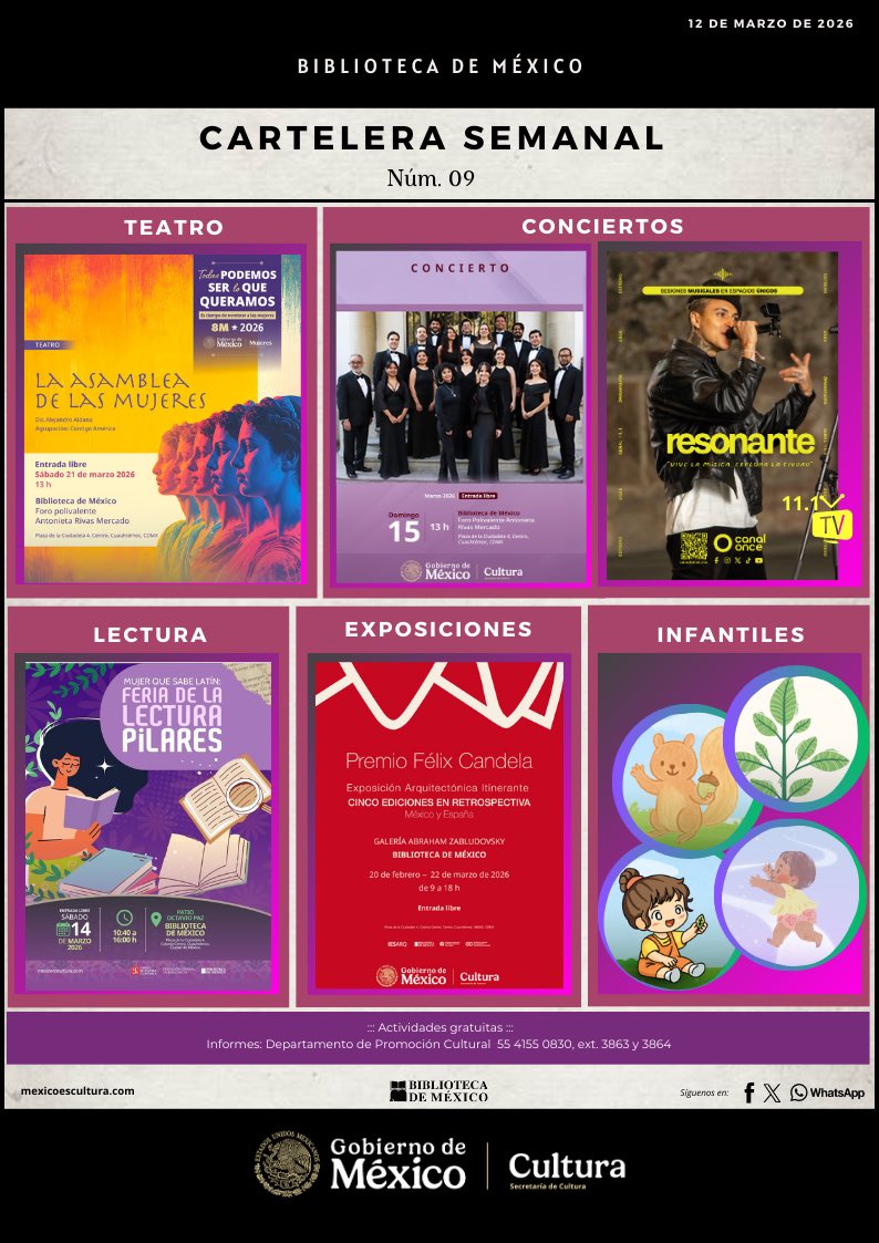 BiblioMexCddela's tweet photo. ¡Ven, vive, comparte! 🌟
Esta semana: teatro vibrante, conciertos, lecturas poderosas, exposiciones y actividades para la infancia que despiertan la imaginación.
Cada evento es gratuito y pensado para ti.
¡Consulta la Cartelera Semanal y acompáñanos! 👉🏻https://t.co/hrkJ6WO1rJ https://t.co/GadNKs4pj5
