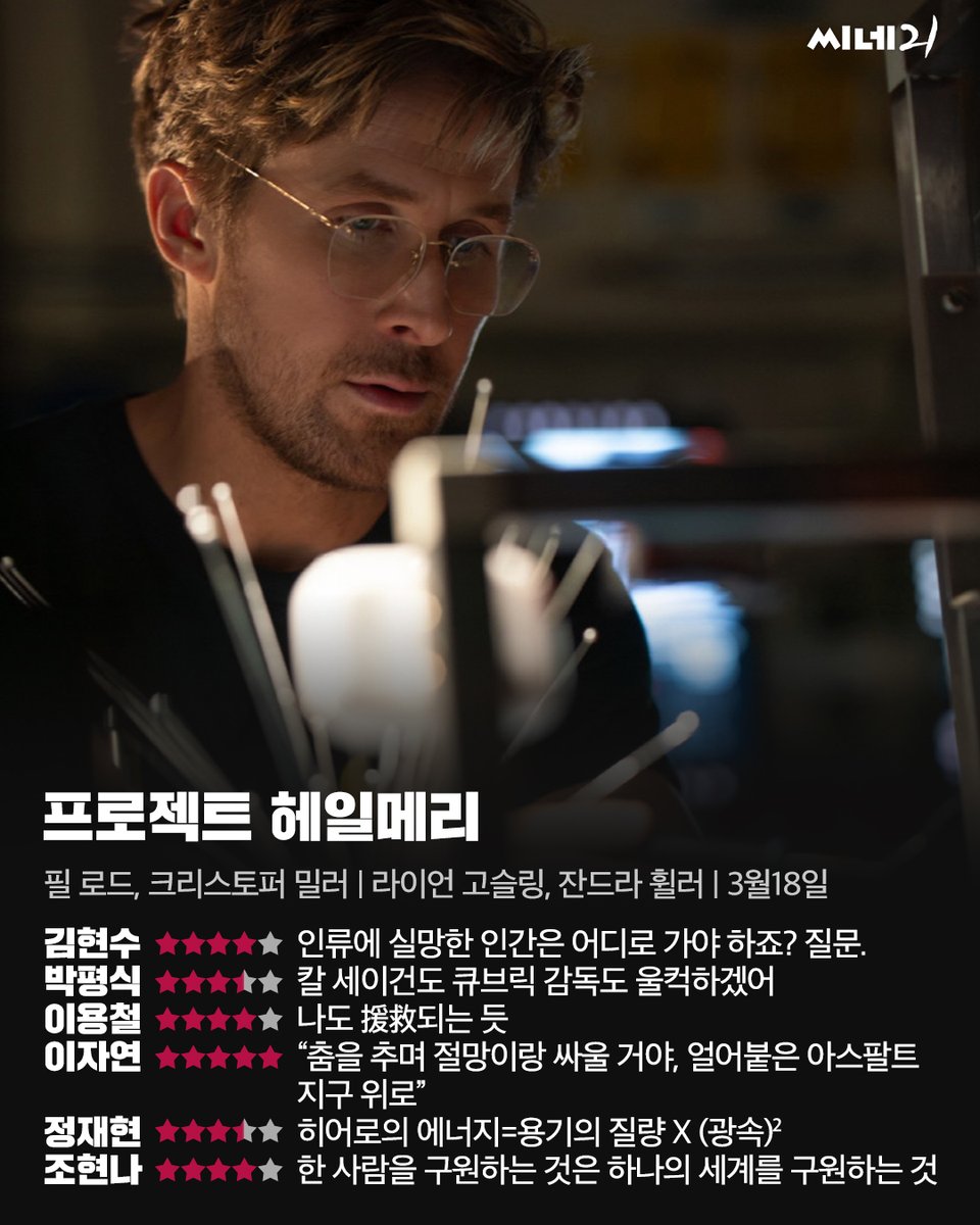 씨네21 이번주 개봉작 20자평&amp;별점 🔥​

<프로젝트 헤일메리>
“춤을 추며 절망이랑 싸울 거야, 얼어붙은 아스팔트 지구 위로” (이자연)