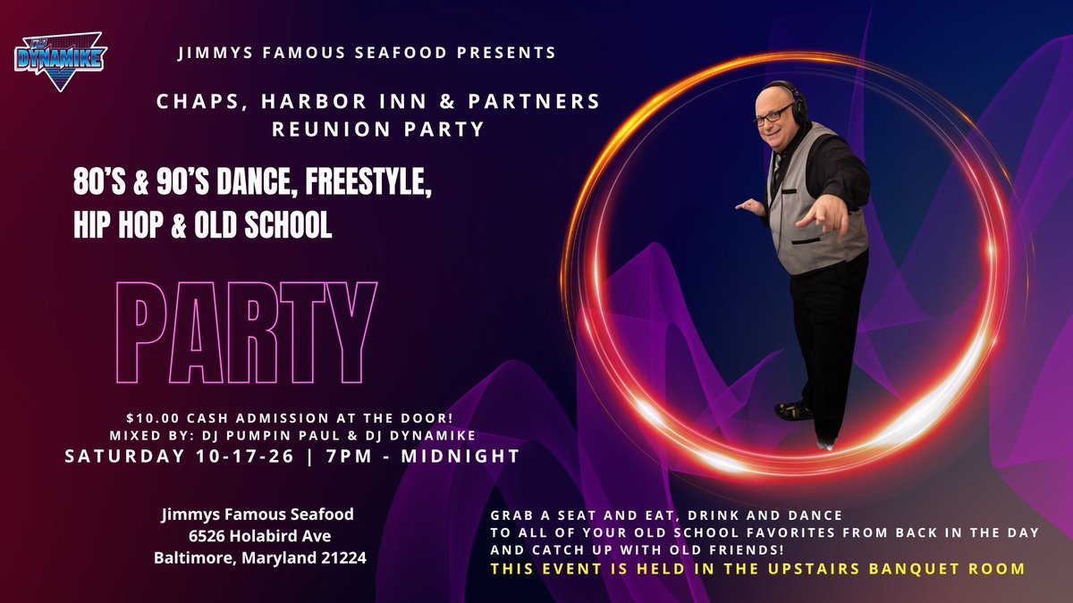 Pauldjpaulp's tweet photo. Relive the memories! 🎶 Join us at Chaps, Harbor Inn &amp; Partners Reunion at Jimmy’s Famous Seafood. 🎧 DJs Pumpin Paul &amp; Dynamike spinning 80s &amp; 90s. 🗓 Oct 17, 2026, 7PM-Midnight. 💵 $10 Admission. 📍Jimmy’s Famous Seafood, Baltimore. Tag friends! #ChapsReunion #BaltimoreEvents https://t.co/rxh5eJ1a2j