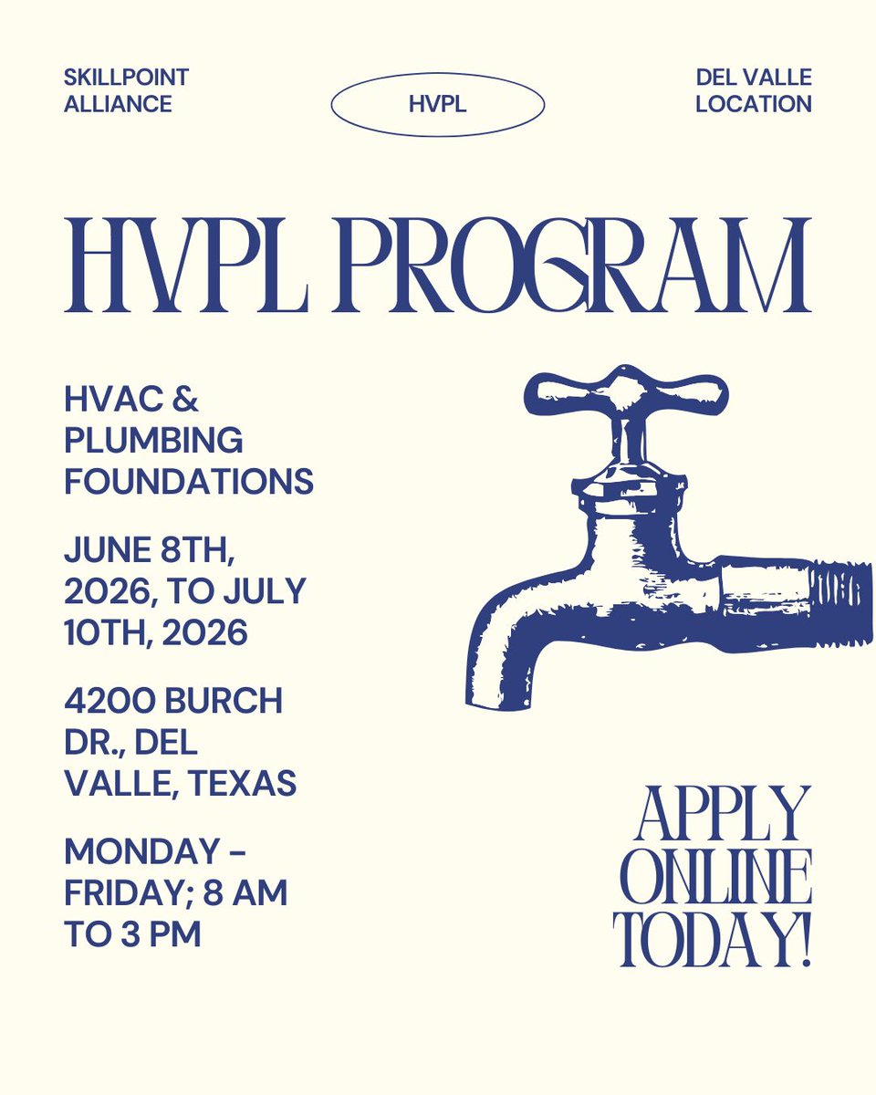 Skillpoint's tweet image. A new HVPL cohort starts on June 8th in Del Valle. Learn the foundations of HVAC &amp;amp; Plumbing and start learning trade skills!

skillpointalliance.org/application/
 #HVACTraining #PlumbingSkills #SkilledTrades