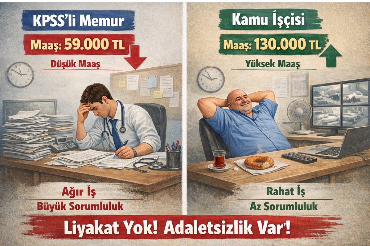Bu ay bedavadan kadroya geçen kamu işçileri 130.000₺ maaş alacak. Daha rahat şartlarda çalışıp bu maaşı almak ne kadar adil? KPSS’den 90 puan alıp zor şartlarda gece gündüz çalışarak  memur olanlar ise 59.000₺ alıyor. Bunun neresi adalet, neresi liyakat?
#deprem 
 #tokat