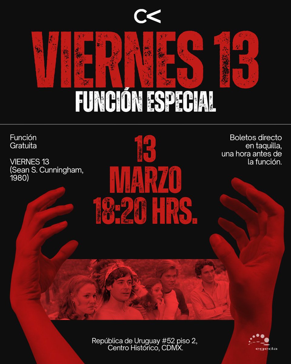 CasadelCineMx's tweet photo. ¡Nos vemos este #Viernes 1️⃣3️⃣🩸!
Función completamente #Gratis del clásico de #Terro de Sean S Cunningham.

🎟️ Boletos directo en taquilla, una hora antes de la función. Solo para personas presentes, un boleto por cabeza. 💀 https://t.co/FwHX306IJ0