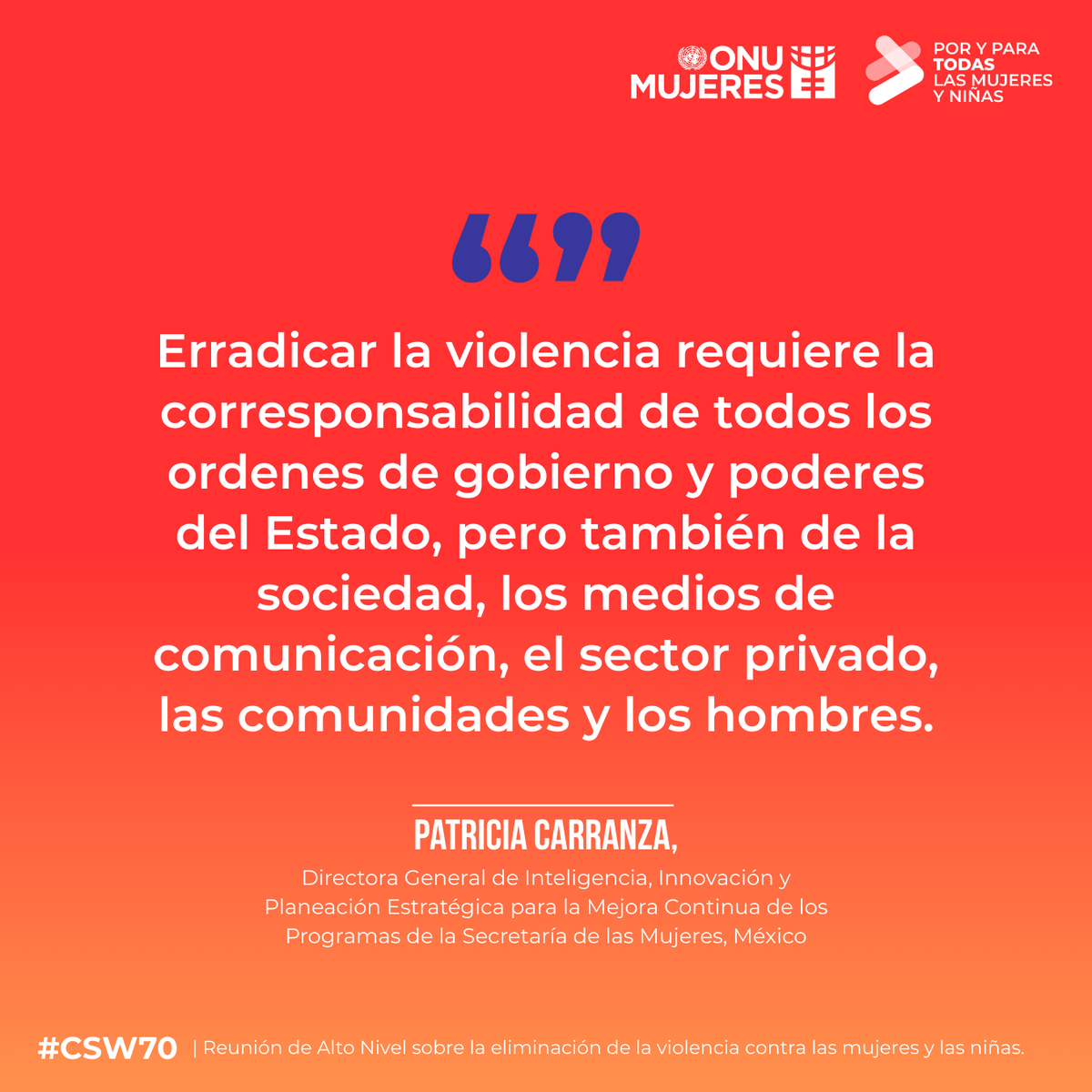 💬 “Erradicar la violencia requiere la corresponsabilidad de todos los ordenes de gobierno y poderes del Estado (...)”. —Patricia Carranza <a href="/mujeresgobmx/">Secretaría de las Mujeres</a> 🇲🇽 en reunión de alto nivel sobre la violencia contra las mujeres y las niñas. #CSW70 #PorYParaTodas