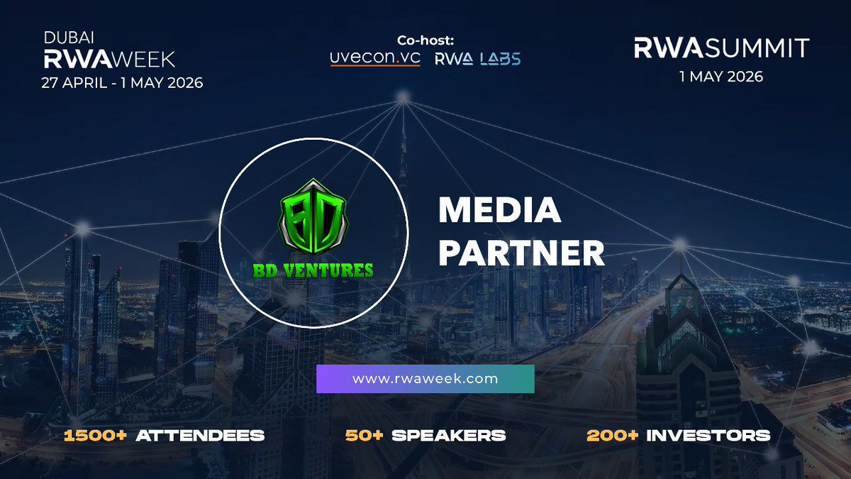 ventures_bd's tweet photo. 🔈🔈BD Ventures is proud to be an official Partner of @rwaweek Dubai 2026!

💥The flagship #RWAWeek event is here - Bringing five days of summits, masterclasses, and VIP networking to the heart of the Middle East's financial capital!

🗓Date: 27 April – 1 May 2026
📍Location: Dubai

🔖More info & registration: https://t.co/y270YJ1jG1