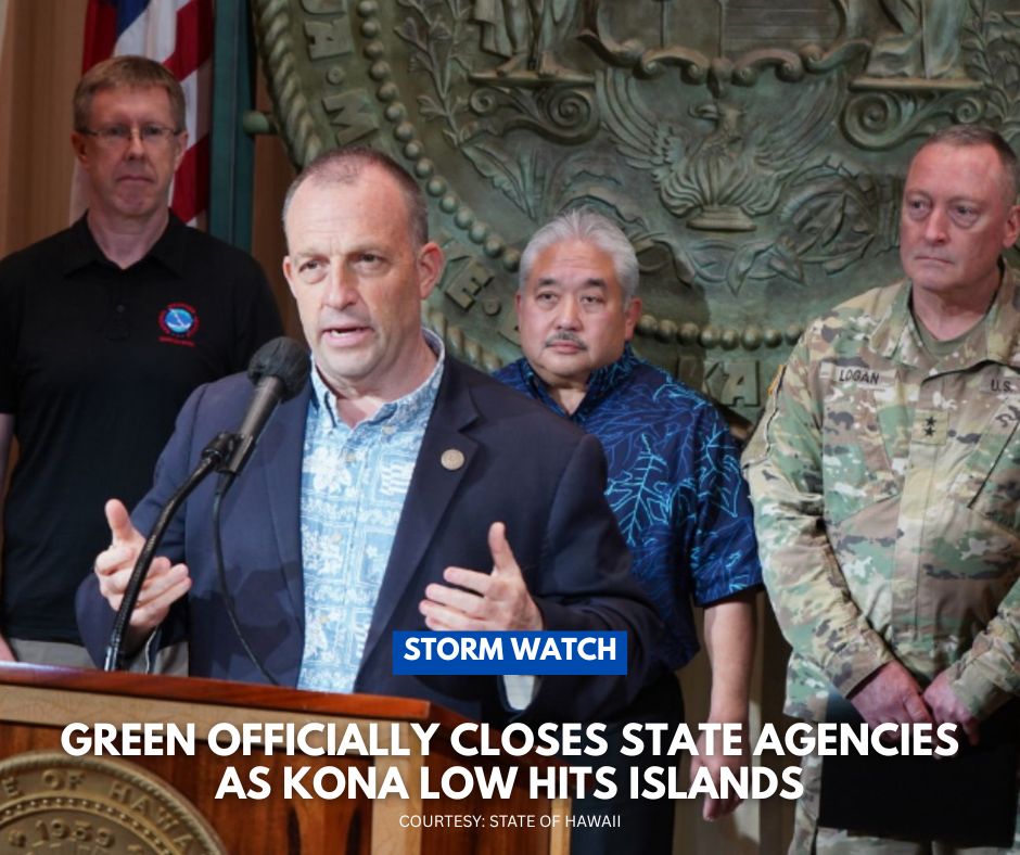 KHONnews's tweet photo. Gov. Josh Green has closed Hawaiʻi state offices and agencies as the Kona low hits the islands with dangerous weather. 👉 https://t.co/sOYNfryB0T https://t.co/fDwylfeOzA