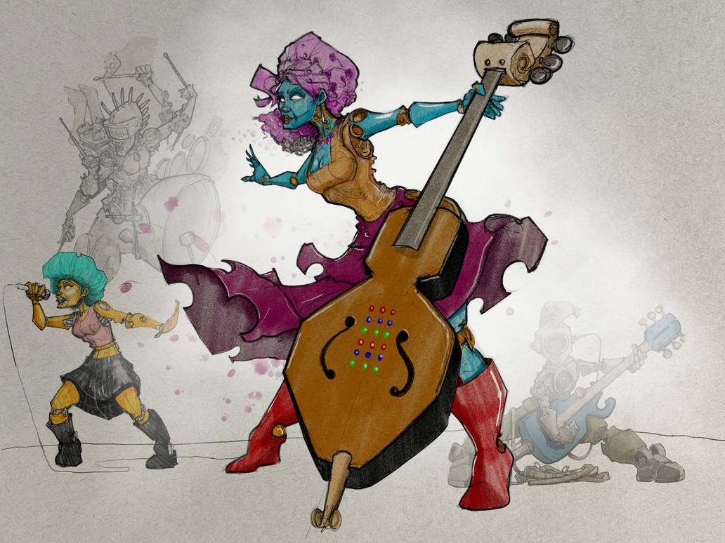 Doodlebags's tweet image. For #marchofrobots here’s a #robot #bassplayer digital #illustration