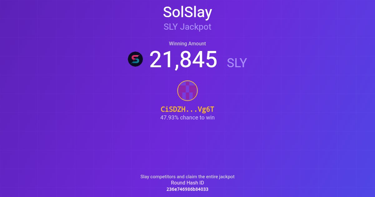 🟣 SLY Jackpot Winner 

🗡️ One player just dominated the table and eliminated 8 competitors to claim the full jackpot.

🏆 Winner: CiSDZH...Vg6T
🎁 Prize: 21,845 #SLY
🎲 Round ID: 236e746...4033
📊 Winning Chance: 47.93%

🌟 Huge congratulations on this amazing win!

#solslay