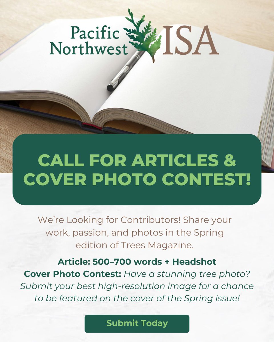 🌲 Call for Articles + Cover Photo Contest! 

Submit your work for the Spring issue of Trees Magazine. We’re looking for articles (500–700 words + photos) on topics that matter to the PNW-ISA community. Have a stunning tree photo? Enter the cover contest! pnwisa.org/page/trees-mag…