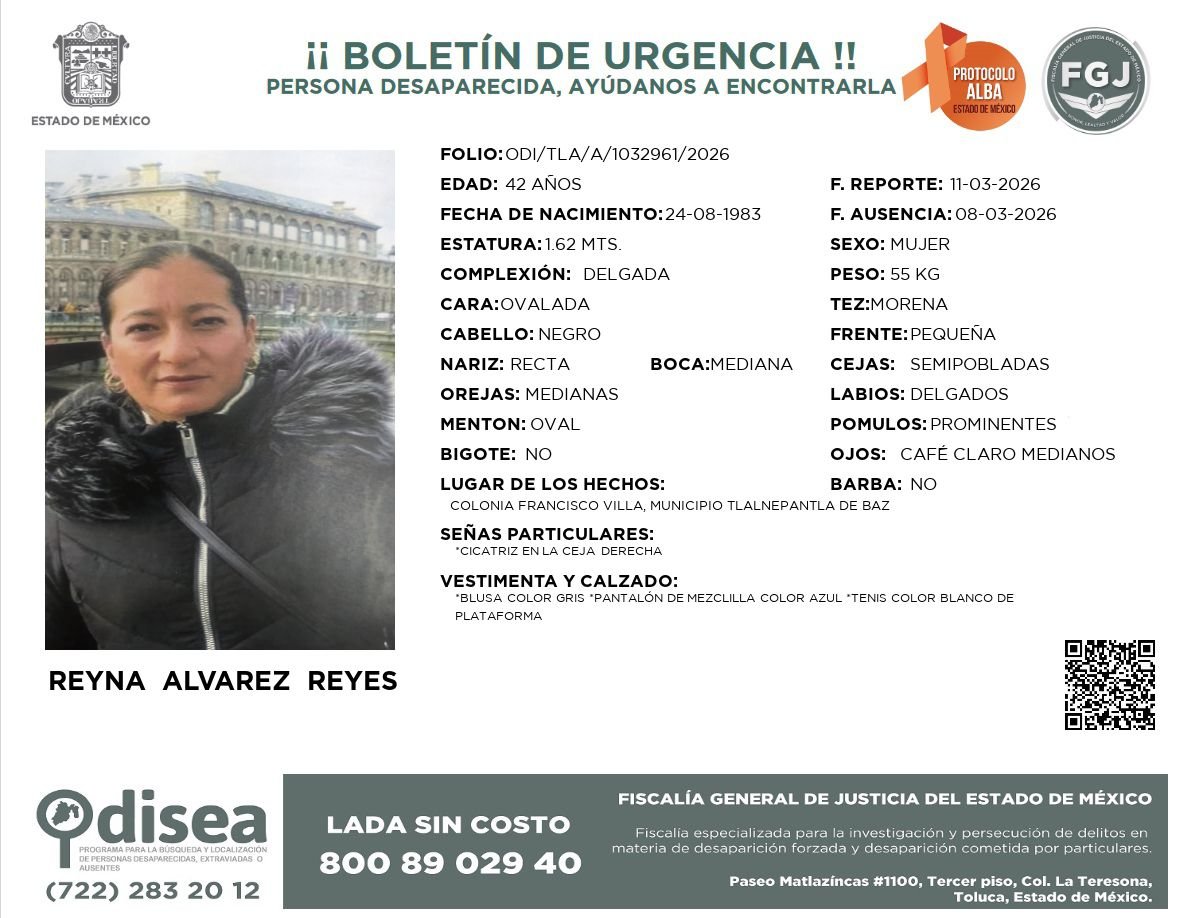 ¡Ayúdanos a localizarla! Se busca a Reyna Álvarez Reyes, de 42 años de edad, quien desapareció desde el 8 de marzo en la colonia Francisco Villa, en #Tlalnepantla de Baz, #Edomex. La Fiscalía estatal ya emitió una ficha de búsqueda: