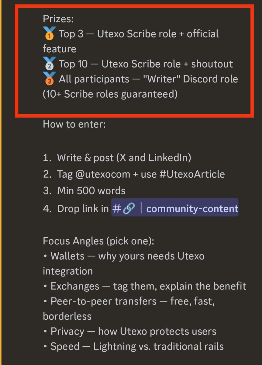 Zerofigure0's tweet photo. I Found an Underfarmed project ( only 2,500 active users right now)🔥

They just opened Discord roles for content creators but there are only 24 hours left.(Hurry up)

The project is Utexo

@utexocom is building infrastructure for private and instant USDT payments on Bitcoin.

💰 Funding: $7.5M Led by Tether, Big Brain, Portal Ventures, and other VCs.

>Right now they are running a limited-time Discord campaign.

◽Discord link: https://t.co/VTKBefQWFc

📌 Requirements:

 >Create content with at least 500 words (on X or LinkedIn)
>Tag @utexocom and use #UtexoArticle
> Submit your post proof  (#community-content section on dc)

🎖 Roles:

1️⃣ All participants → Writer Discord role
2️⃣ Top 3 → Utexo Scribe role + official feature
3️⃣ Top 10 → Utexo Scribe role + shoutout

⏳ Only 24 hours to participate.
Early users are always valuable for any project.