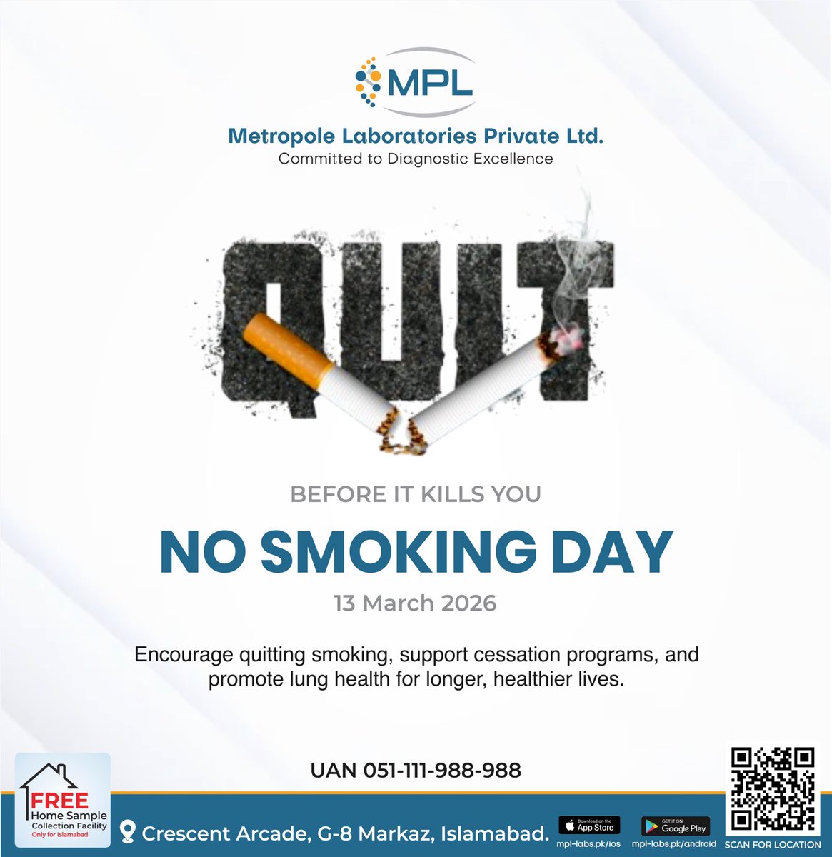 MPL_Labs's tweet photo. 🚭 Smoking kills — quitting saves lives.

This #NoSmokingDay (13 March), take the first step toward healthier lungs and a longer life. Say NO to tobacco and support those trying to quit. 💙

#QuitSmoking #LungHealth #SmokeFree #HealthAwareness #MPLLabs https://t.co/dC4dBV5cqw