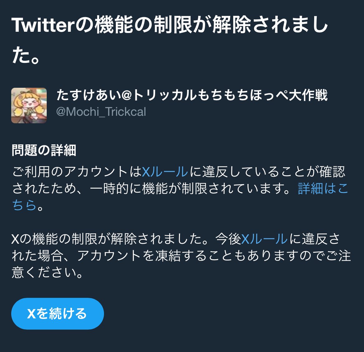 なんか身に覚えはないんですけど、12時間の懲役を受け、無事出所いたしました😭😭😭
(ロックや凍結ではなく、私がポストいいねフォローなどが出来なくなってた)

見に覚えなき罪に屈してポスト削除対応をしたんですけど、ちゃんと異議申し立てすれば良かったかも……😭