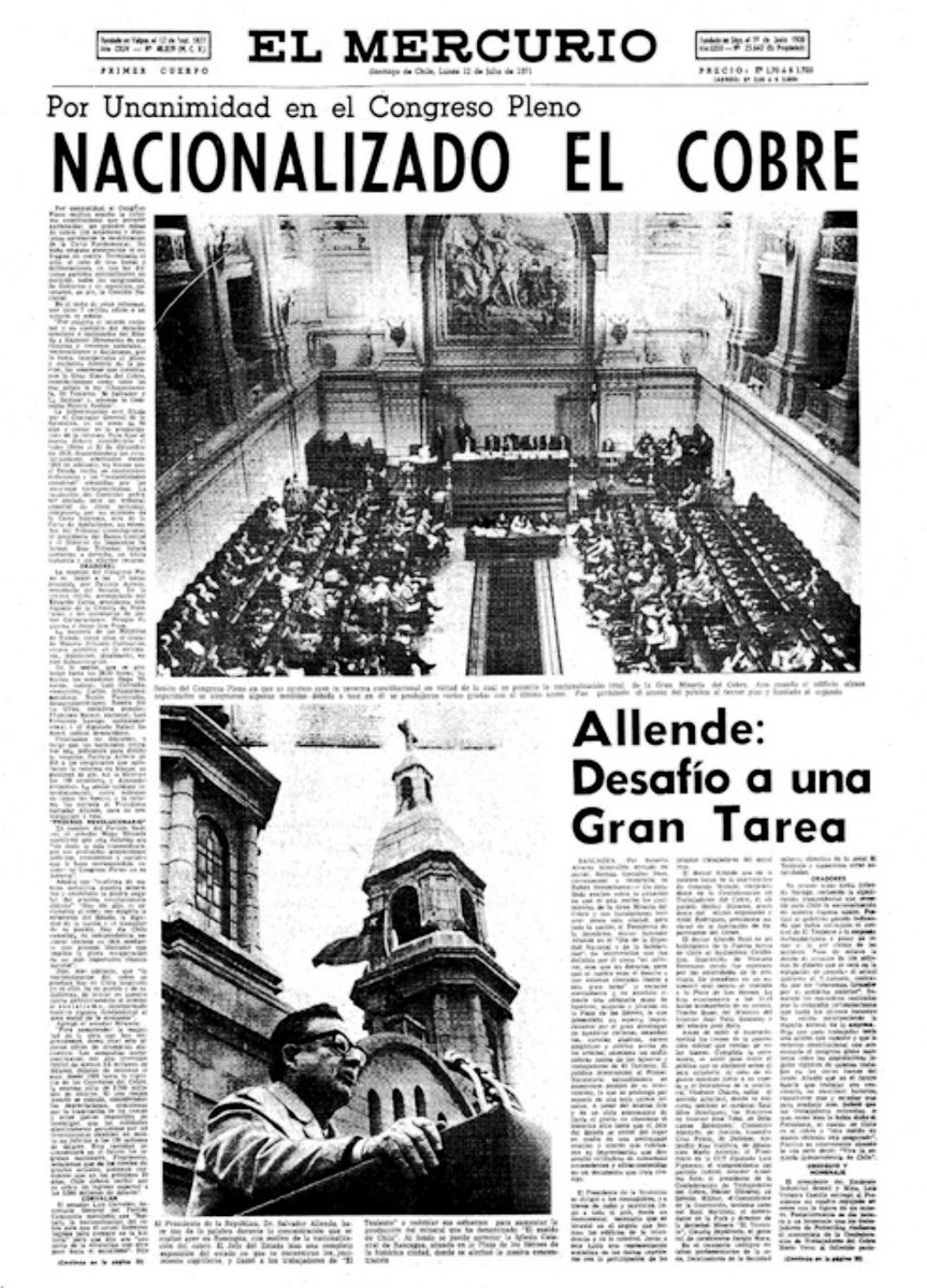 sebastian_gray's tweet photo. Cuando Allende propuso nacionalizar el cobre en 1971, el Congreso pleno, de izquierda a derecha, POR UNANIMIDAD, aprobó la ley. 
La Patria soberana por delante de la ideología. 
Compárese con el espectáculo que ha dado Kast hoy día, solapado, de espaldas al Congreso y el pueblo. https://t.co/AnwNM5SVZb