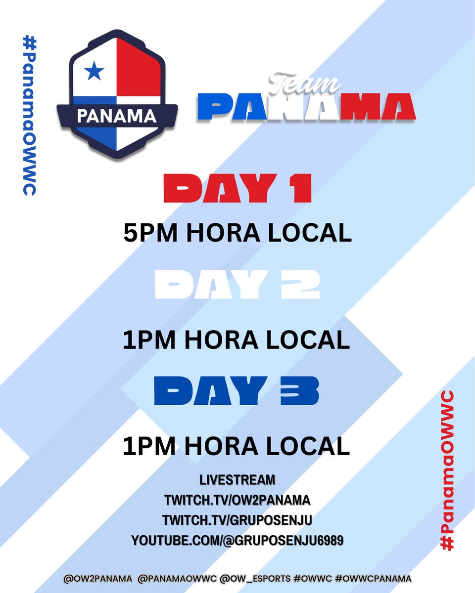 Ow2panama's tweet photo. 🇵🇦 ¡3 DÍAS SEGUIDOS DE ACCIÓN! 🇵🇦

Esta semana, Team Panamá estará en vivo durante 3 DÍAS CONSECUTIVOS con partidos para el Overwatch World Cup 2026.

🎥 EN VIVO POR:
➡️ https://t.co/PnGhOjeuuo
➡️ https://t.co/21s6TduIH8
➡️ https://t.co/0CR0Gi63Yl

¡Prepárense para apoyar! 🔥 https://t.co/7kZxHV0UCy