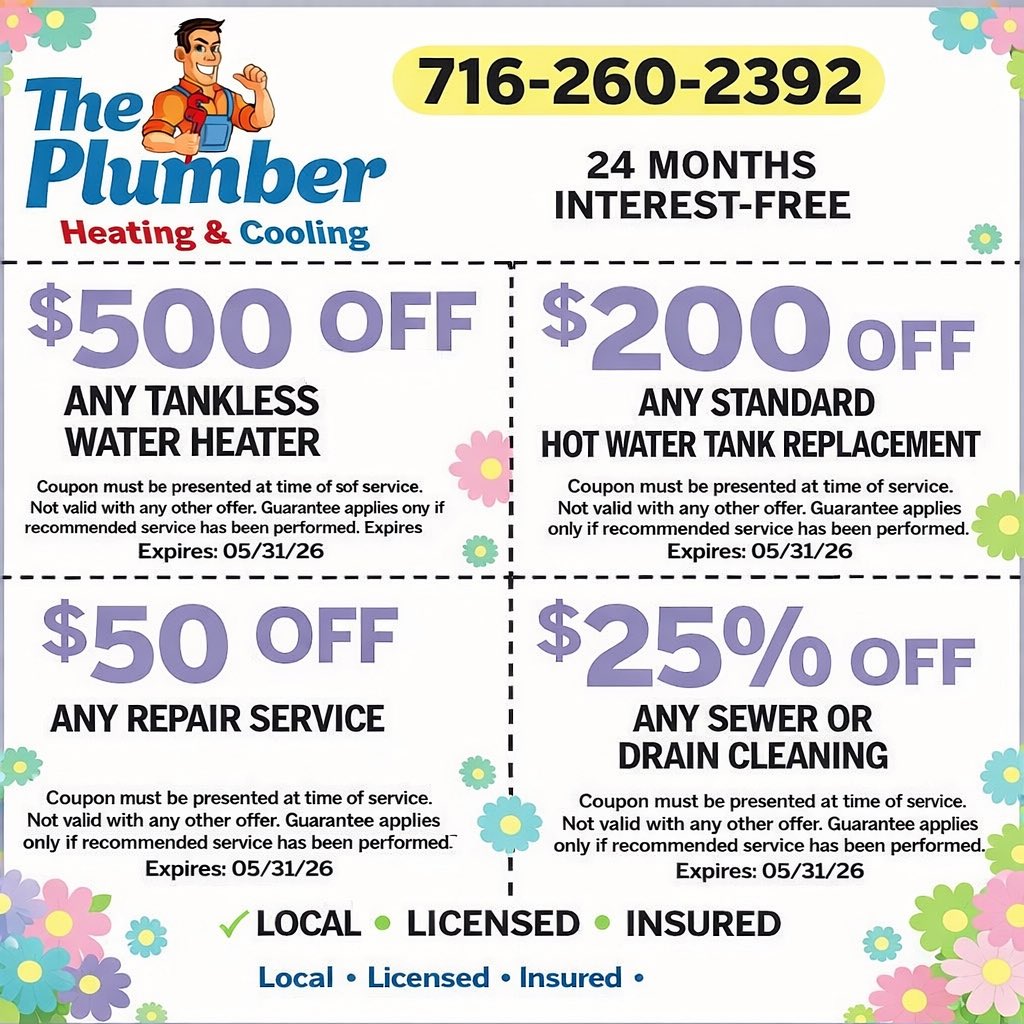 jtucc01's tweet photo. 🔥 BUFFALO & LOCKPORT HOMEOWNERS — SAVE BIG! 🔥

Spring plumbing problems? We’ve got you covered.

💧 LIMITED TIME COUPONS from The Plumber Heating & Cooling

💰 $200 OFF Standard Hot Water Tank Replacement
🚿 $500 OFF Tankless Water Heater Installation
🔧 $50 OFF Any Repair Service
🪠 25% OFF Sewer or Drain Cleaning

✔ Licensed & Insured
✔ Local Western NY Company
✔ Fast Service

📞 Call or Text: 716-260-2392

💳 24 Months Interest-Free Financing Available

📅 Coupons expire May 31, 2026

📍 Serving Buffalo • Lockport • Niagara County • WNY

👇 Call now before the next plumbing emergency hits.

#BuffaloNY #LockportNY #716 #Plumber #BuffaloPlumber #WaterHeater #DrainCleaning #TanklessWaterHeater #HomeRepair #GoBills