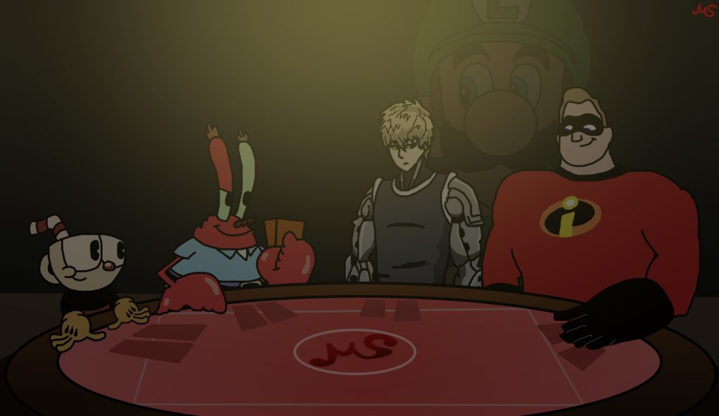 DemonStudios6's tweet photo. Next time on Poker night at the inventory

#pokernightattheinventory
#cuphead
#mrkrabs
#mrincredible
#geno
#luigi https://t.co/R8sf9B2vpW