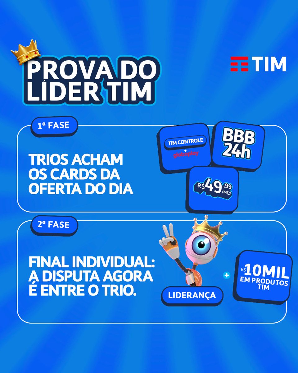 bbb's tweet image. 💙 Vai ter Prova do Líder @TimBrasil, sim! 💙 
Sorte, estratégia e olho nos detalhes serão exigidos dos brothers: primeiro em trio… depois cada um por si. 🫠 Quem segura a pressão e vira Líder? 👀 #Publicidade #TIMNoBBB26 #BBB26 #ProvaDoLíder