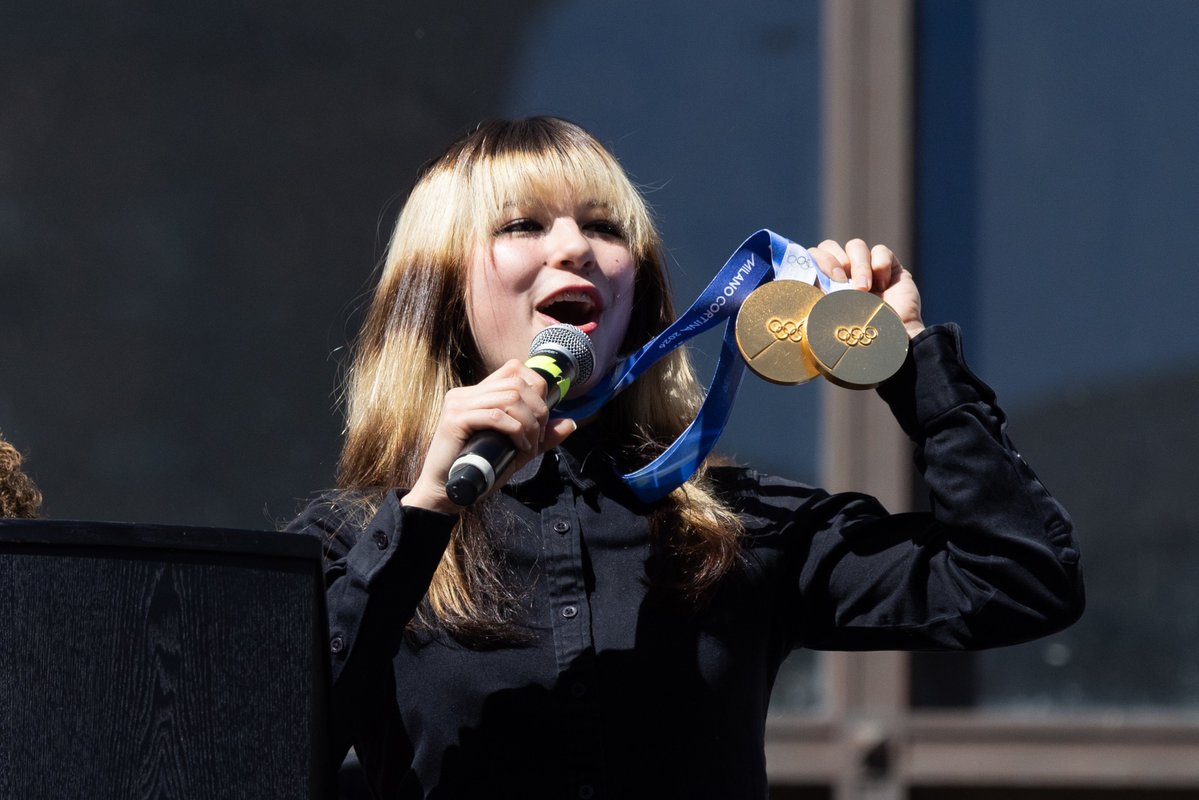 In front of thousands of fans at Oakland City Hall, figure skater Alysa Liu held up her two Olympic gold medals and said, “This is for y’all.” 
Liu's homecoming celebration featured a surprise performance by singer and fellow Oakland native Kehlani.
Story: