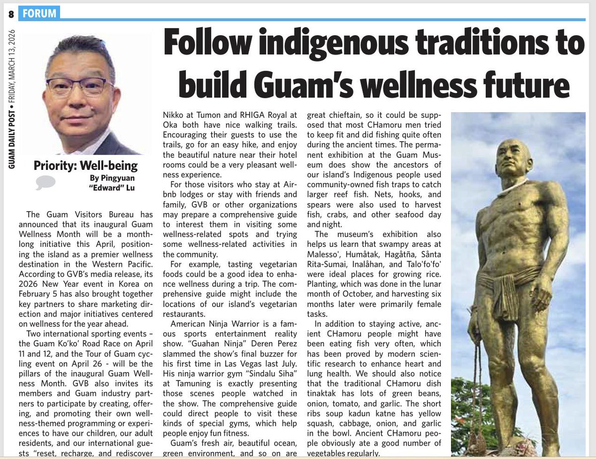ggf671's tweet photo. We offer suggestions on Guam Visitors Bureau’s inaugural #Guam #Wellness Month and hope the initiative’s long-term vision will integrate our island’s ingenious traditions of wellness.

Please read the column contributed by our president Edward Lu👇
https://t.co/YQPU9svbkn https://t.co/Zxynh4BAaT